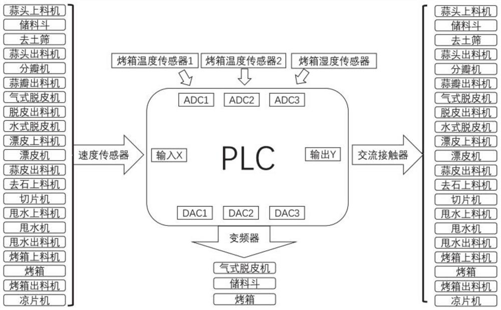 Garlic processing assembly line control system, assembly line and method