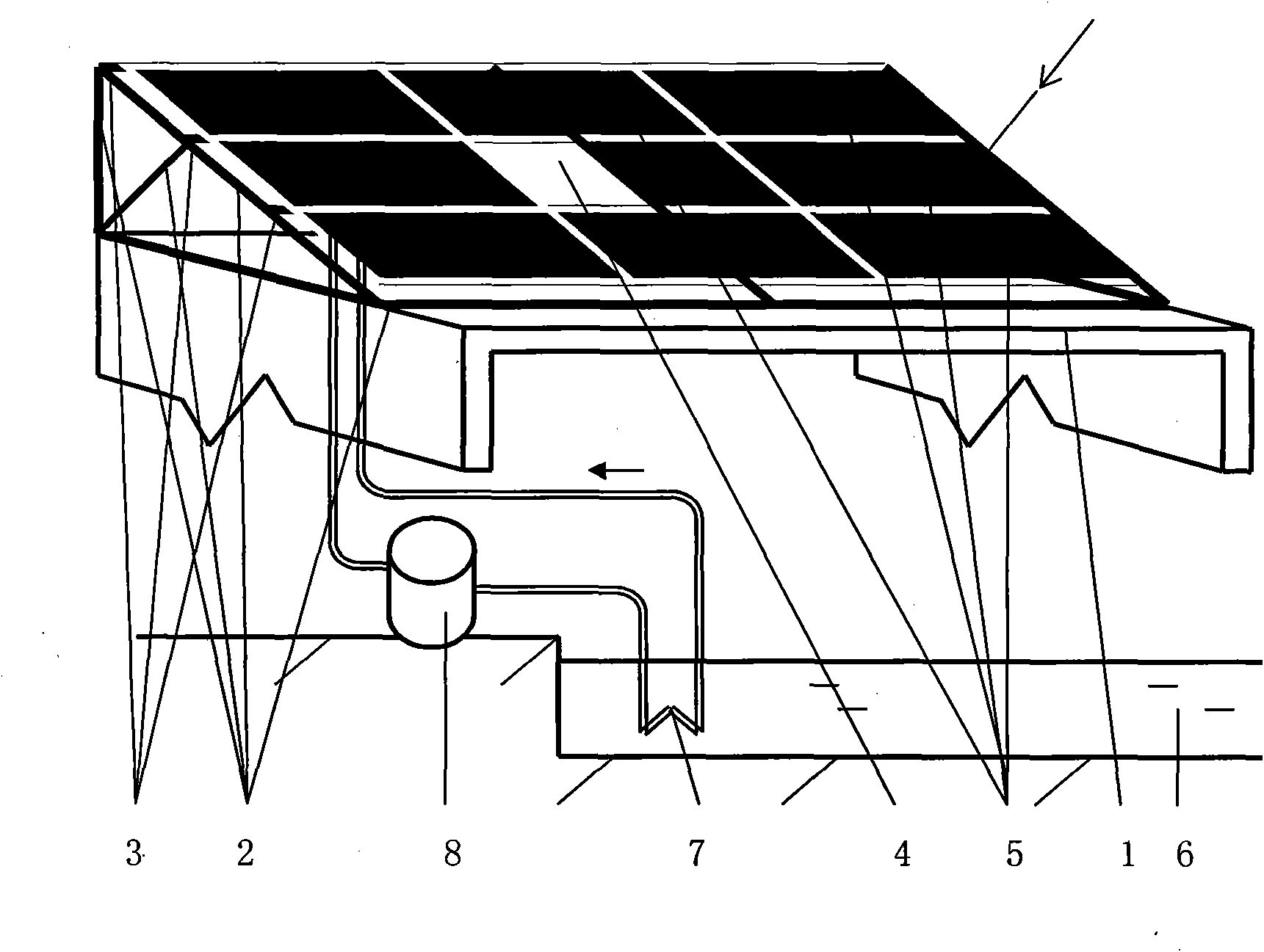 Solar sloping roof utilizing surface water as heat radiating source