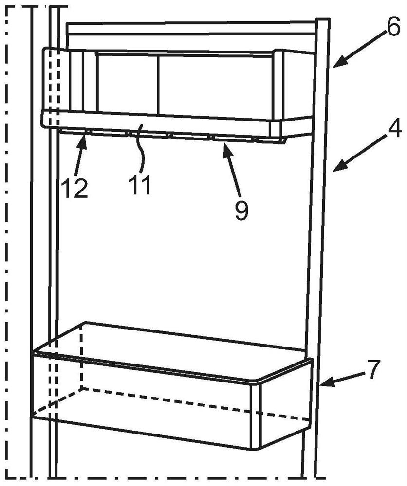 Components of domestic refrigeration appliances with hanging slots capable of changing slot width for hanging units for storage containers