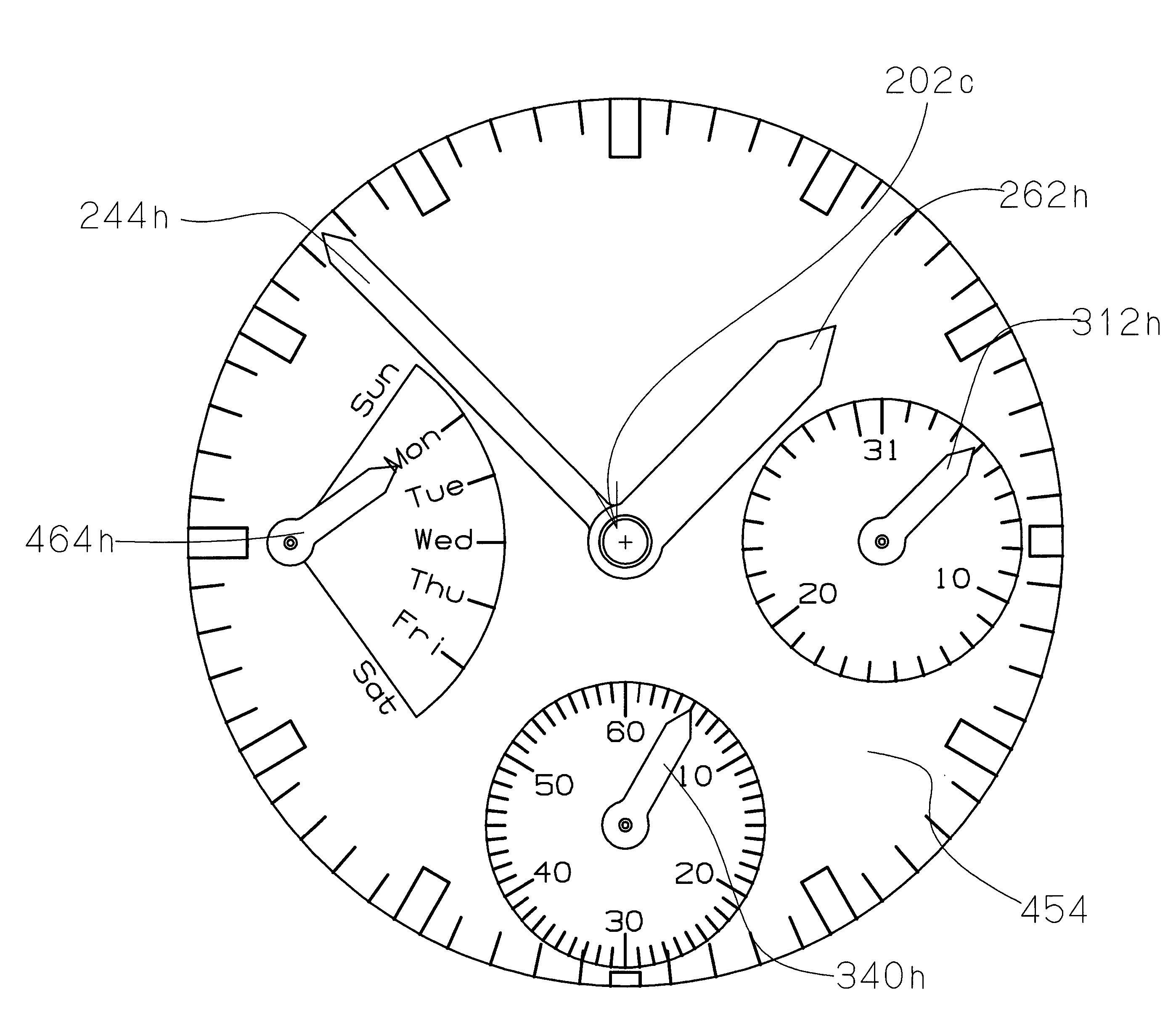 Multifunction timepiece capable of constituting plural fan shape moving hand train wheel layouts