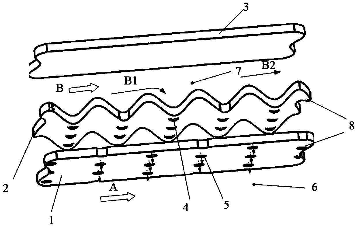 Double-wall cooling structure having longitudinal corrugated impact hole plate for thrust-vectoring nozzle