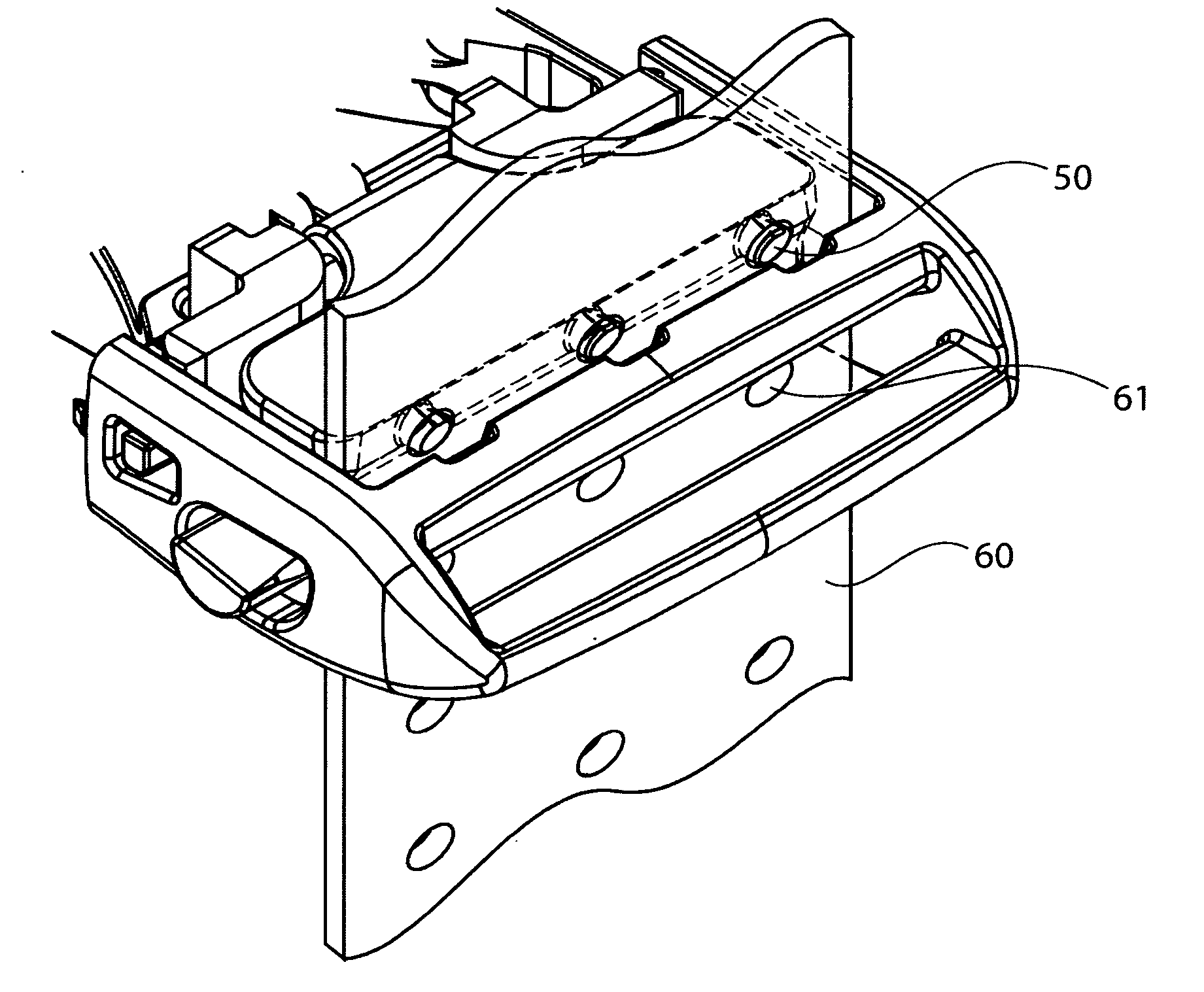 Buckle with pivoting and sliding strap securing bar