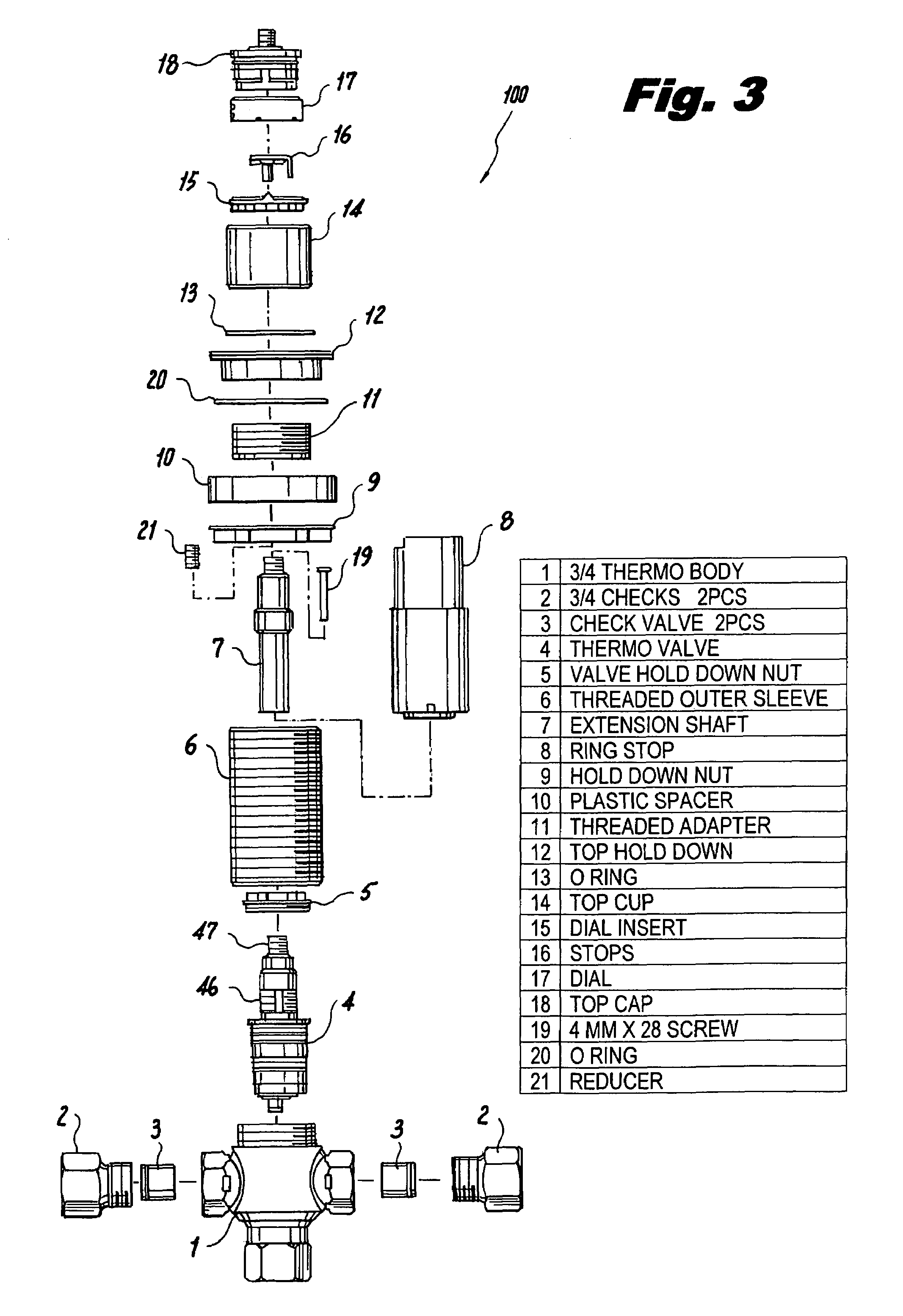 Thermostatic mixing valve for vertical mounting upon a horizontal bathtub deck