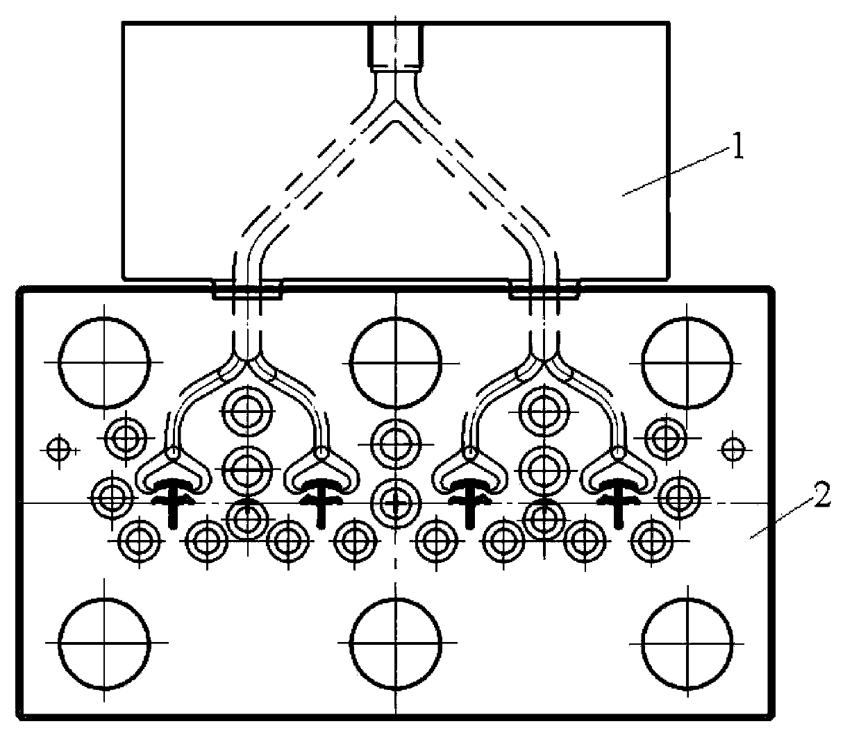 Co-extruding runner of four-cavity auxiliary sectional material co-extruding mold