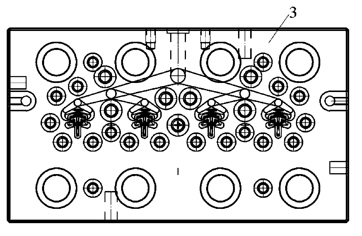 Co-extruding runner of four-cavity auxiliary sectional material co-extruding mold