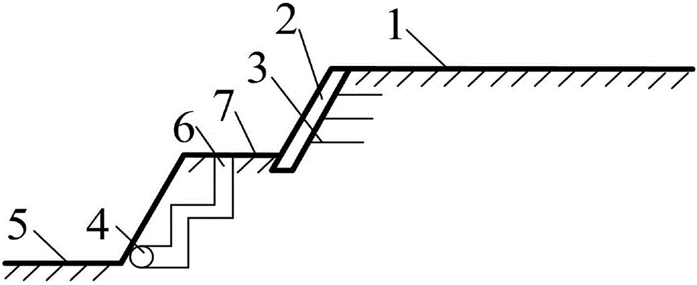 Multi-step revetment horizontal anchor bolt reinforcement and bottom revetment water drainage mixed structure