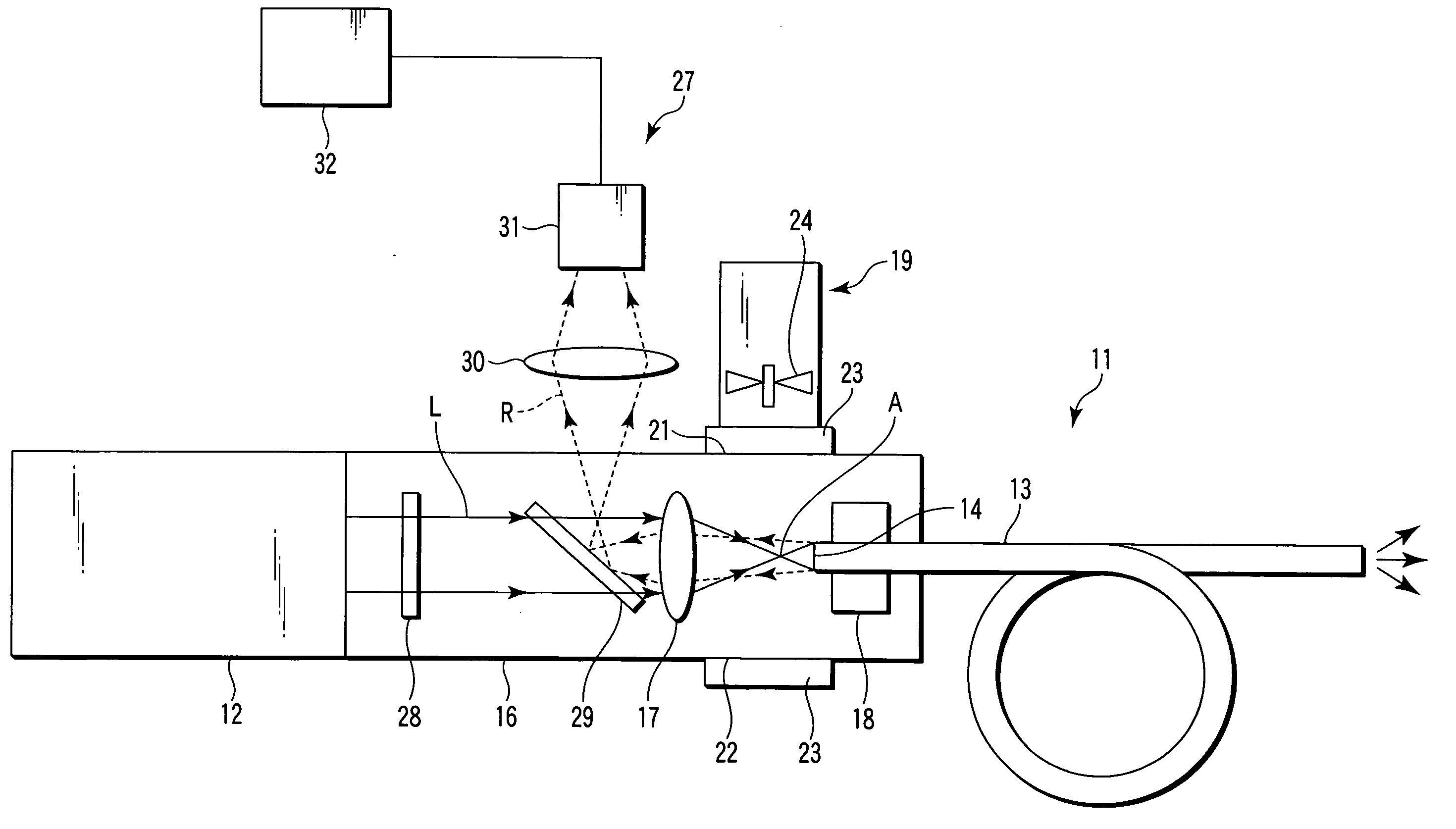 Laser beam injecting optical device for optical fiber