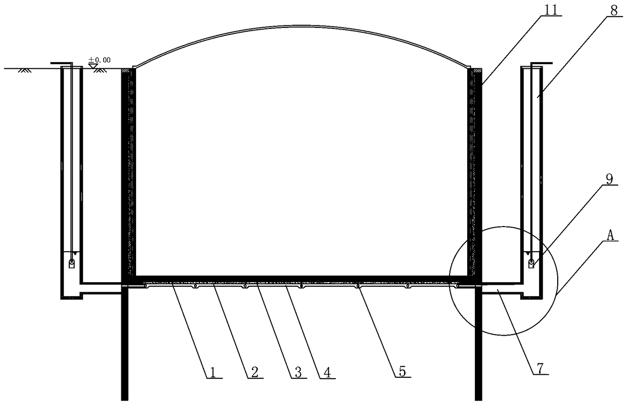 LNG underground tank base plate anti-floating decompression structure and construction thereof