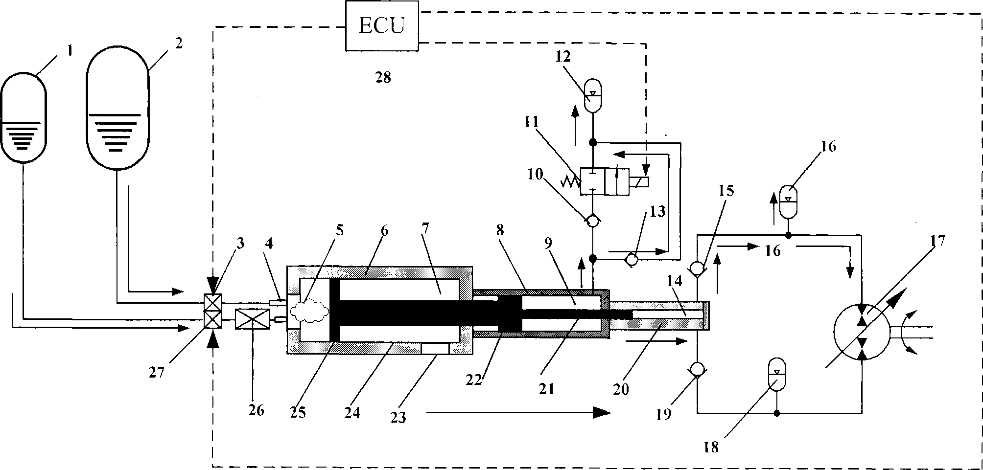 Double-group element single-piston type hydraulic free piston engine