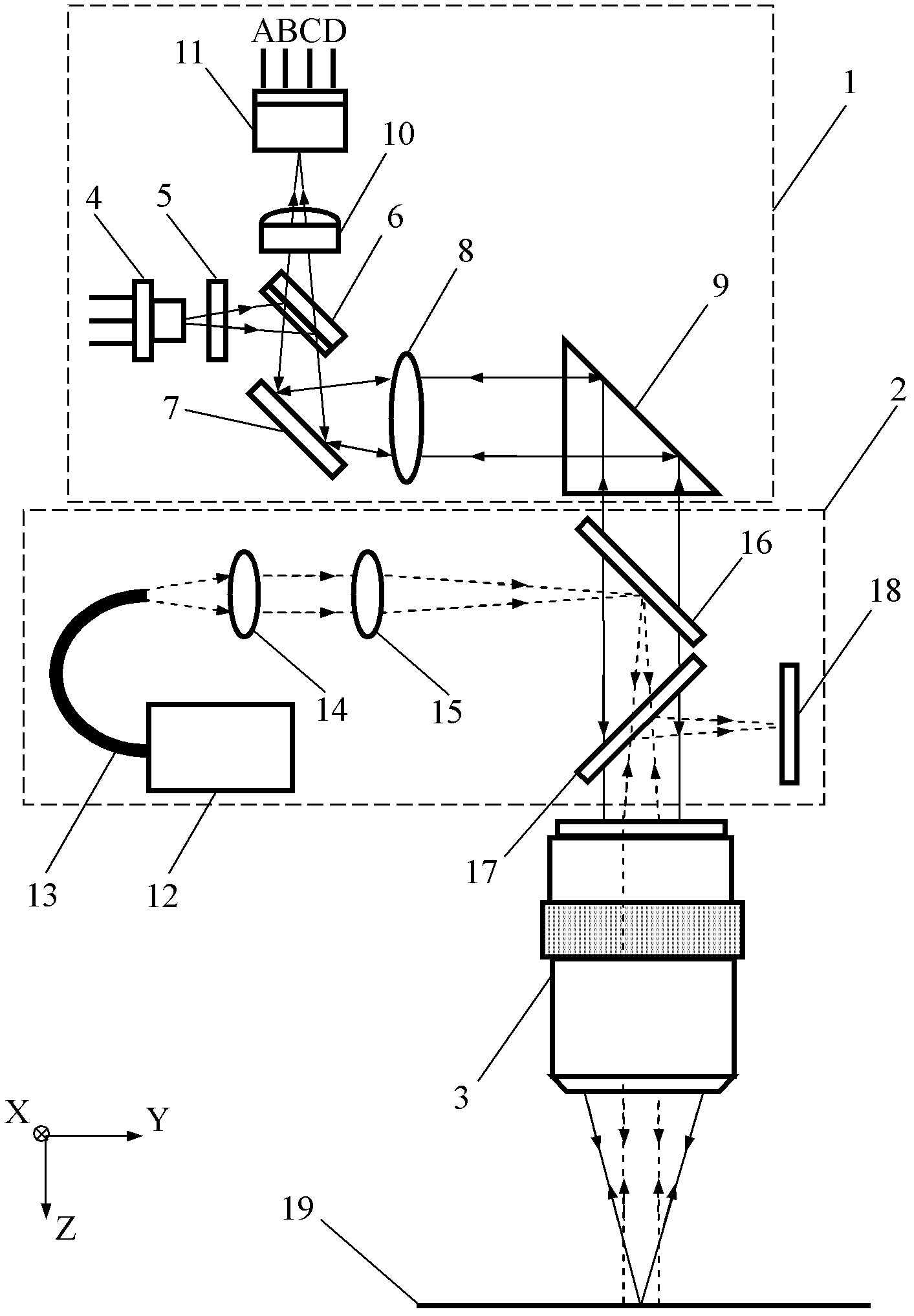 Normal displacement and angle sensing optical measuring head and measuring method thereof