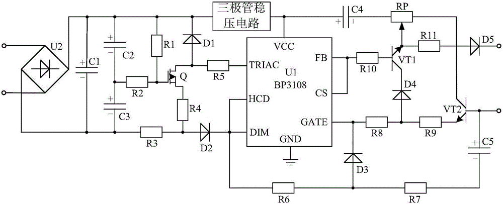 LED light modulation driving system based on triode voltage stabilizing circuit