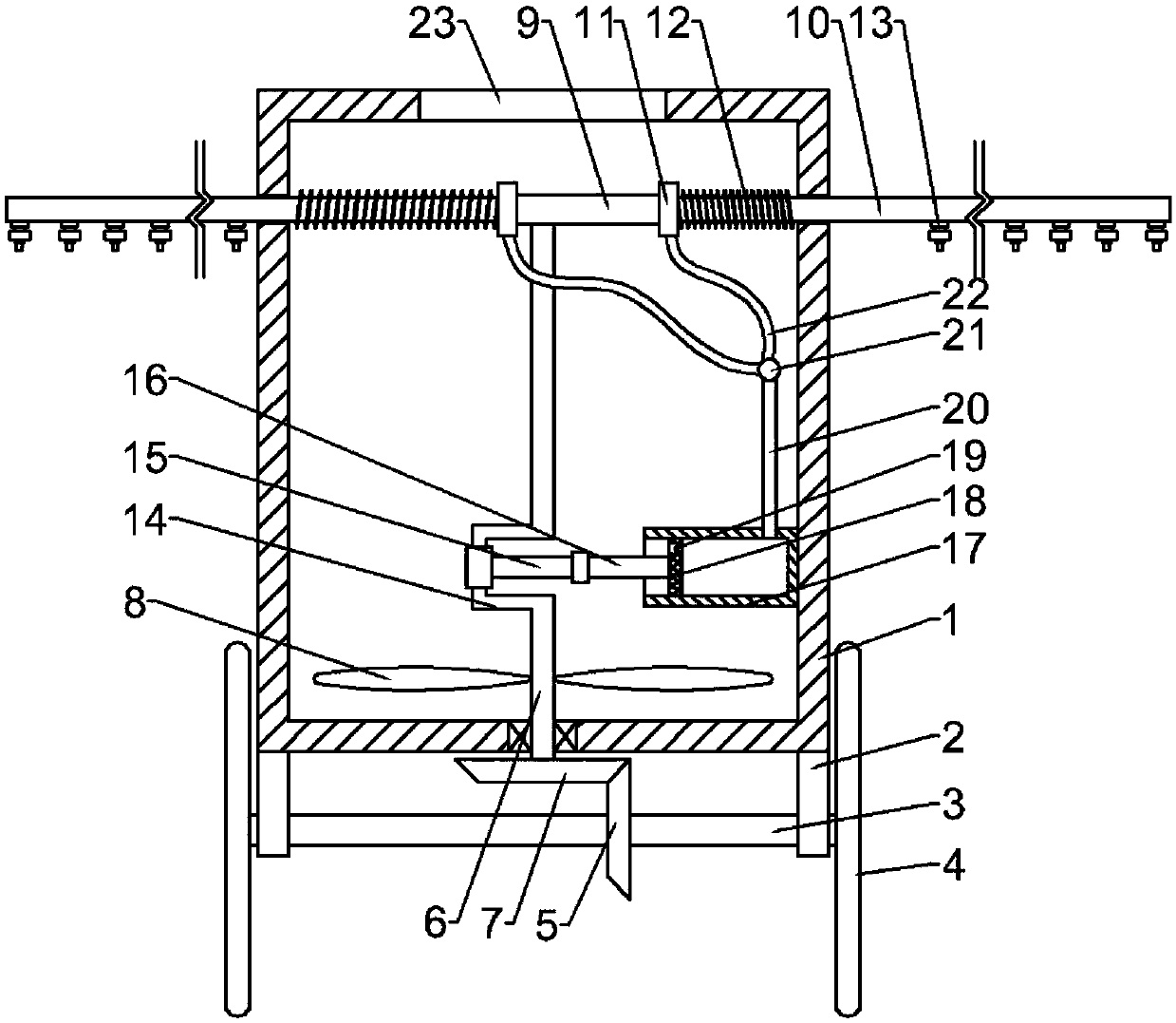 Reciprocating type pesticide spraying device for planting of bamboo fungi