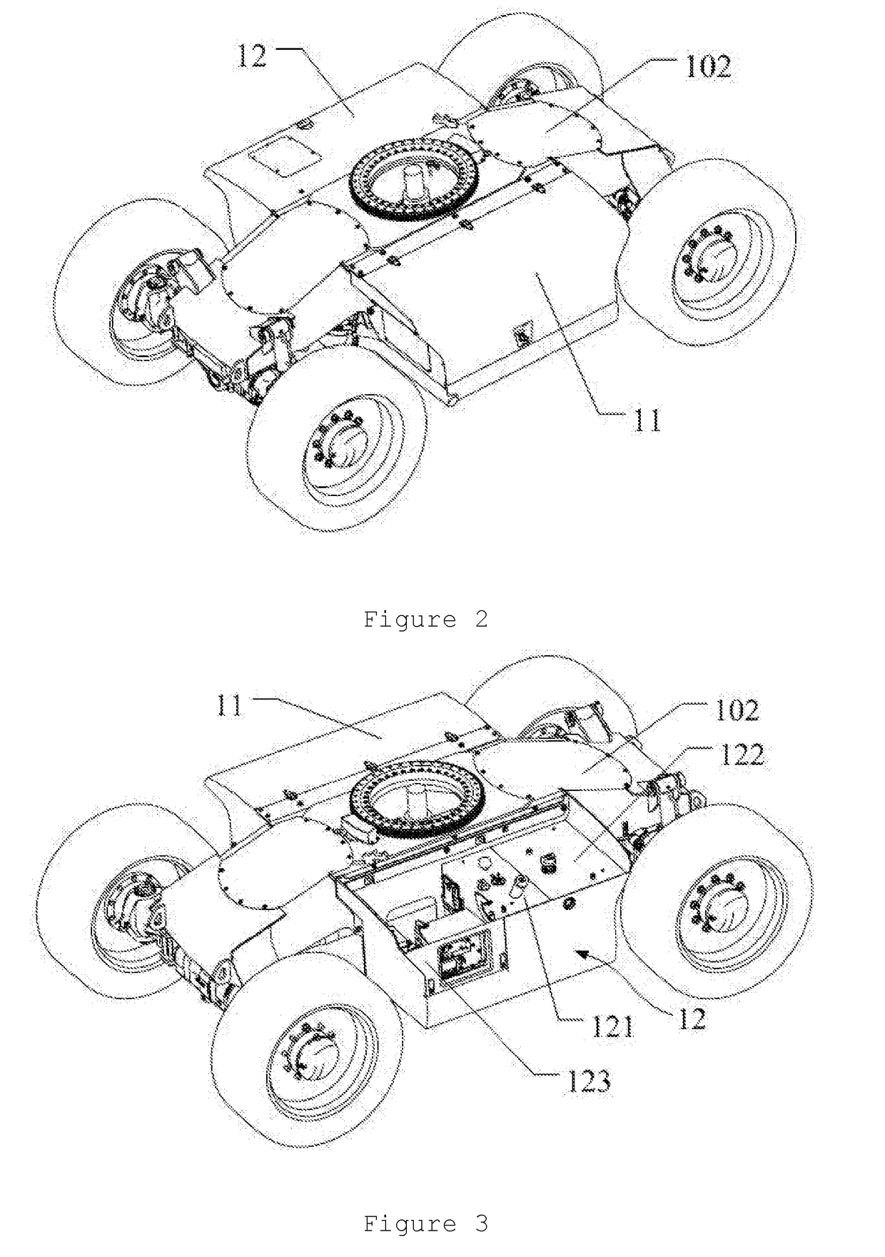 Vehicle with a low gravity center and aerial work platform