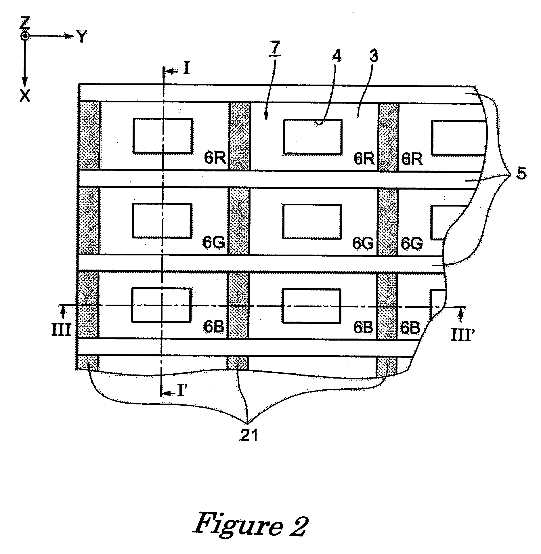 Color filter, method of manufacturing such color filter, method of depositing liquid material to manufacture such color filter, display device having such color filter, method of manufacturing liquid crystal display device having such color filter, electro-optic device having such color filter, electronic instrument having such color filter, method of manufacturing such electronic instrument