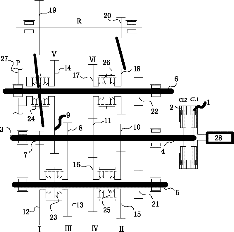 Double-clutch transmission with synchronizer parking device