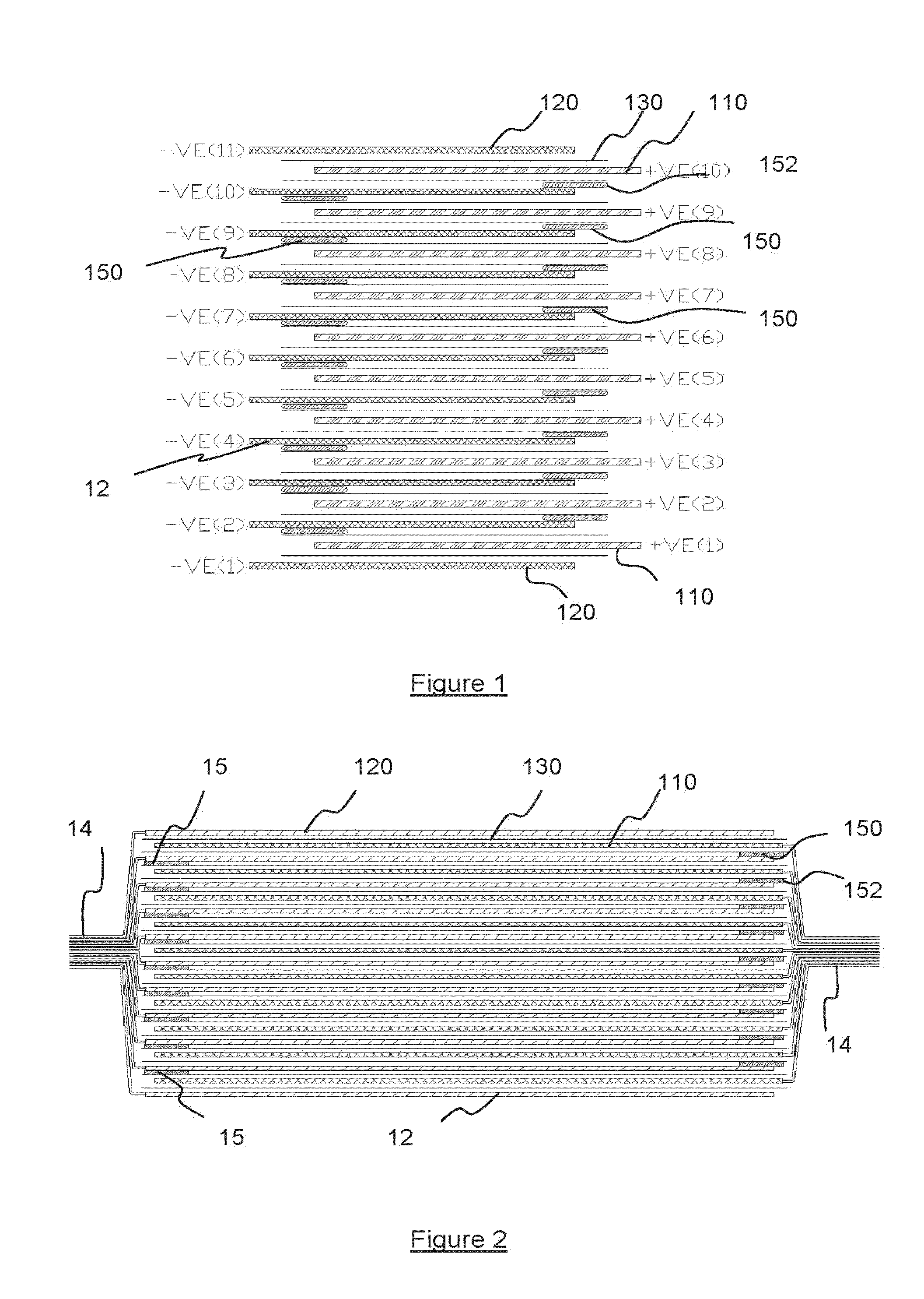 Prismatic batteries and electronic components comprising a stack of insulated electrode plates