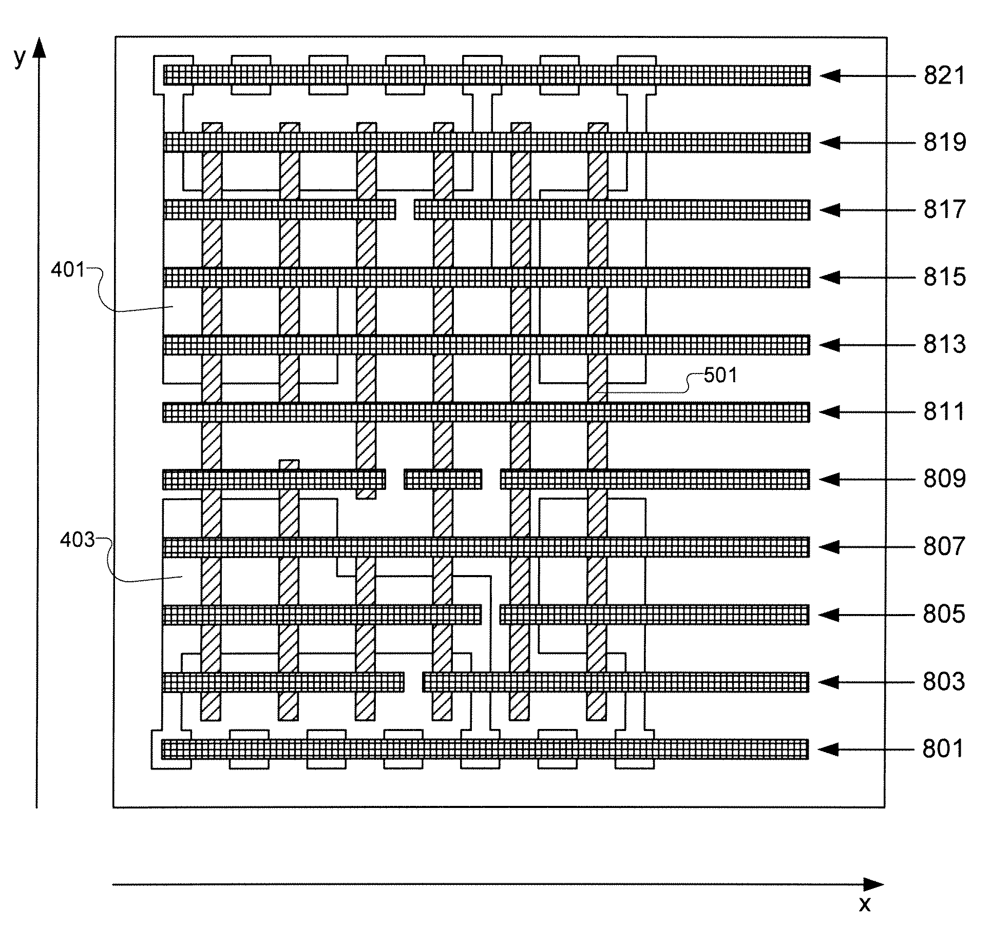 Semiconductor device and associated layouts having transistors formed from six linear conductive segments with gate electrode connection through single interconnect level