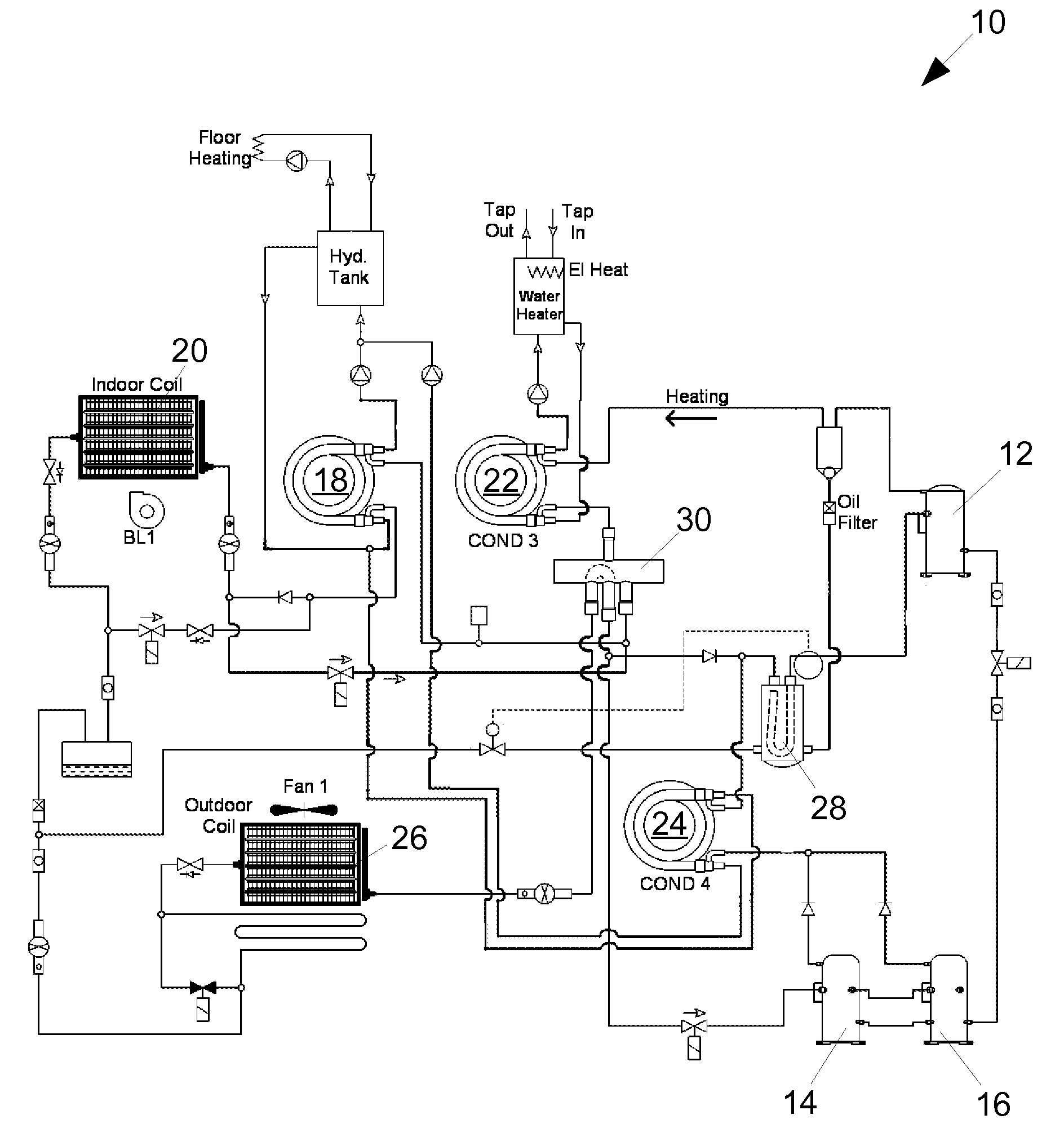 Heat pump with forced air heating regulated by withdrawal of heat to a radiant heating system