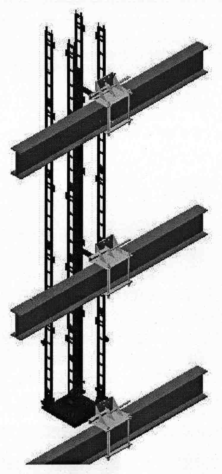 Mechanism for attaching building integral elevating scaffold to steel beam