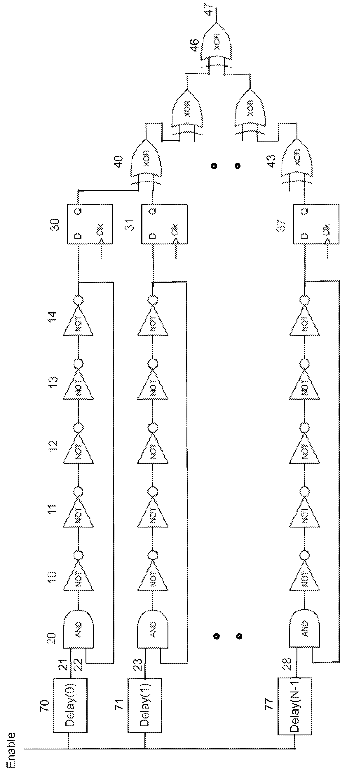 Random number generator using ring oscillators with initial delay