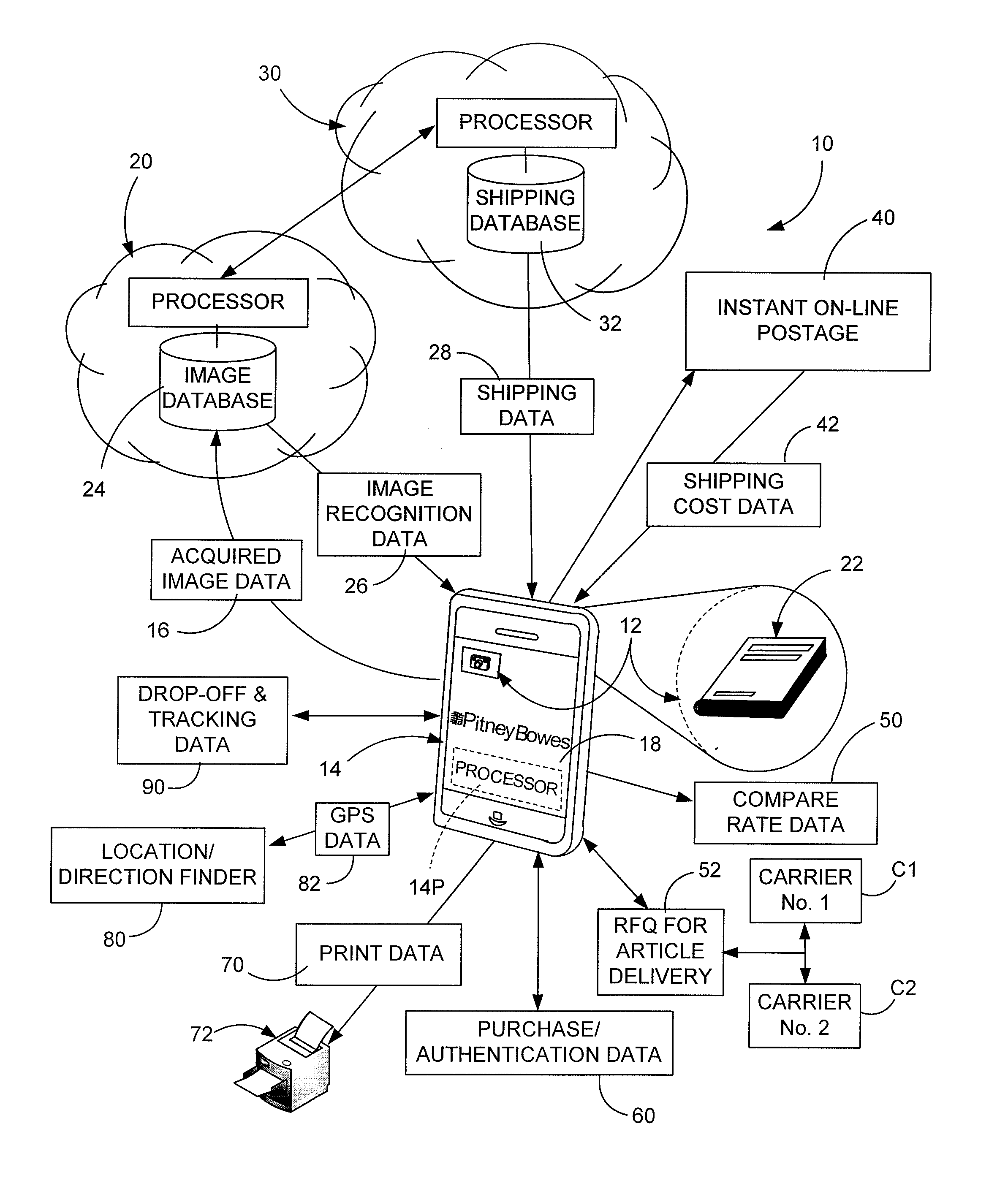 On-line mail processing system and mobile device application therefor