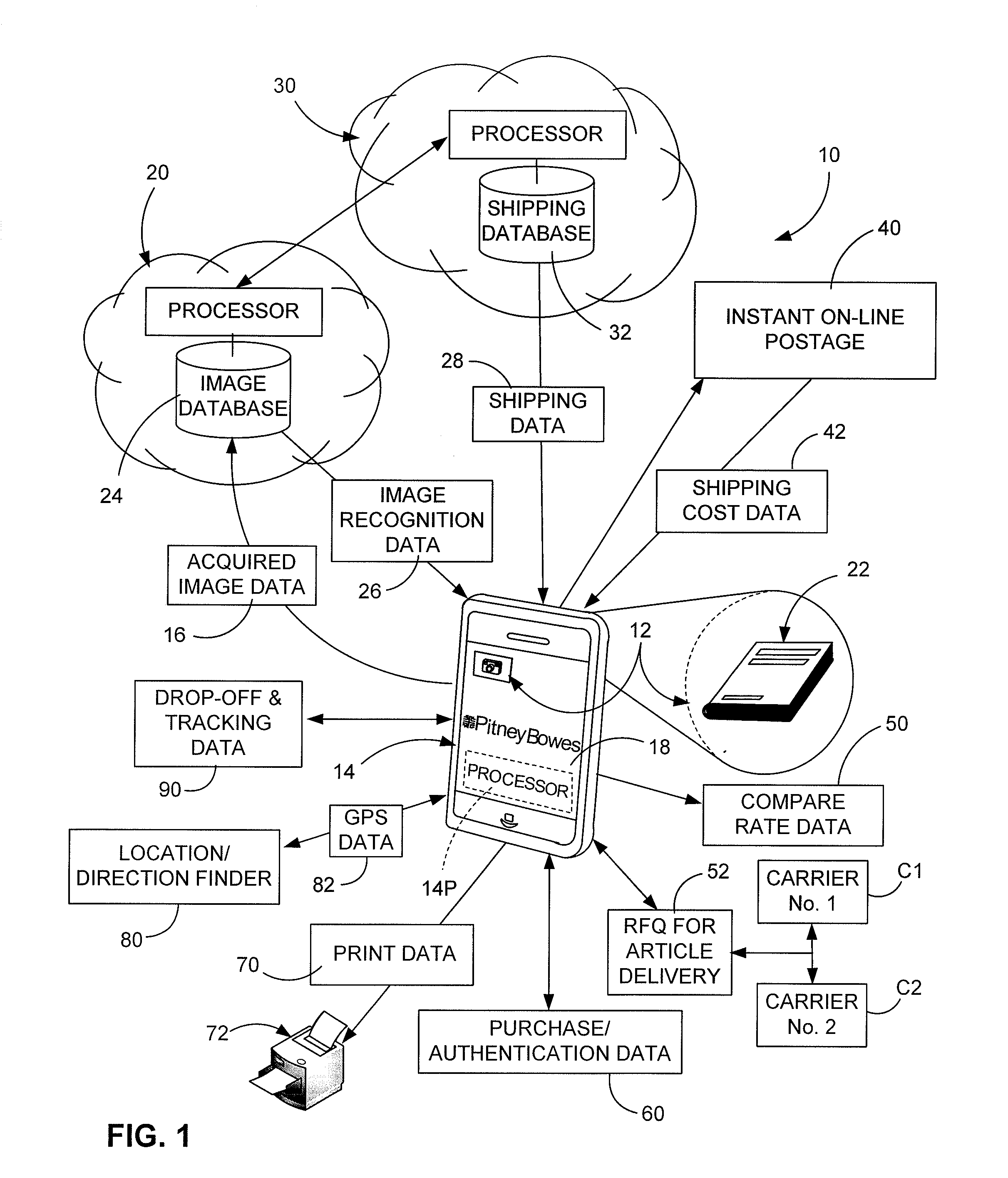 On-line mail processing system and mobile device application therefor