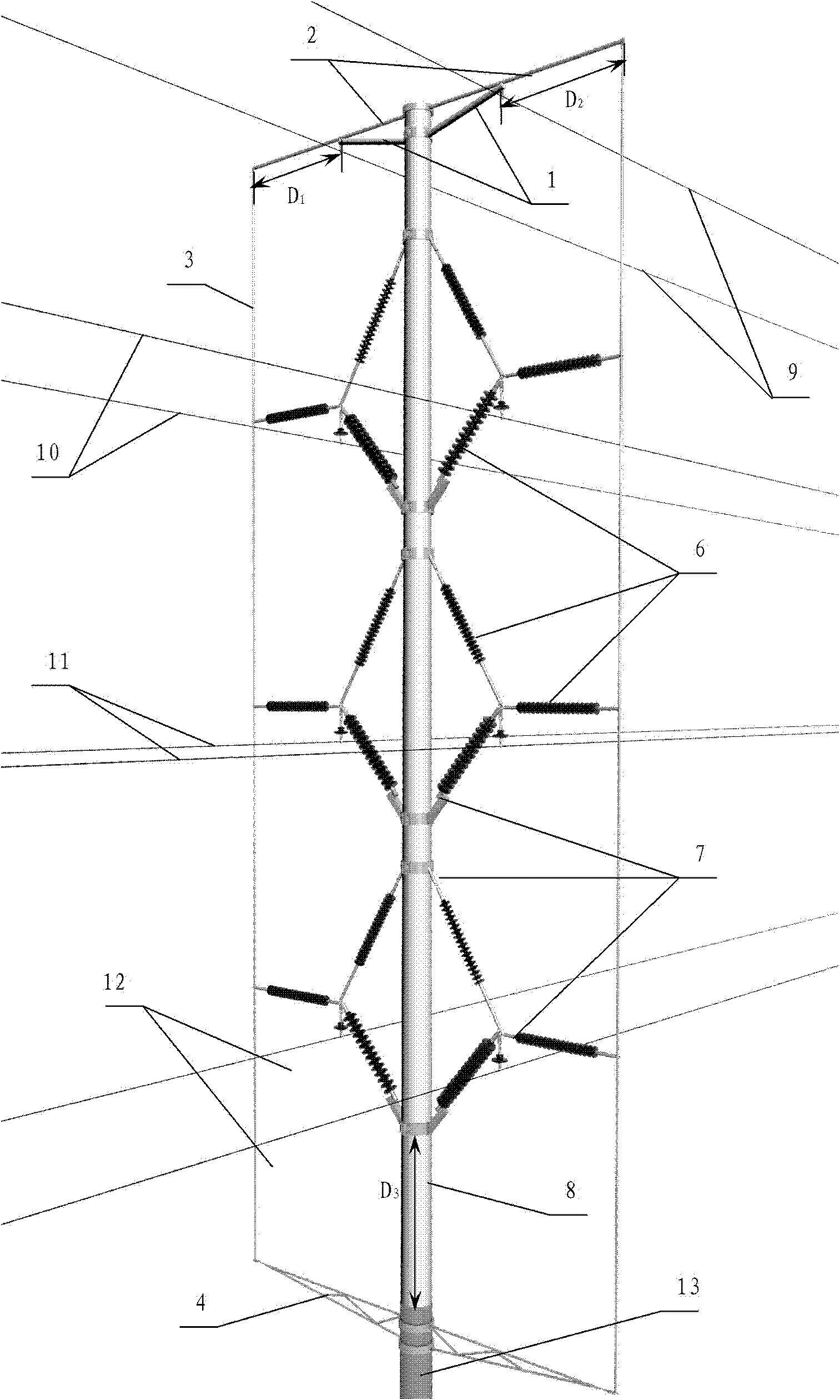 Composite material pole tower outside vertical grounding led-down method and pole tower thereof