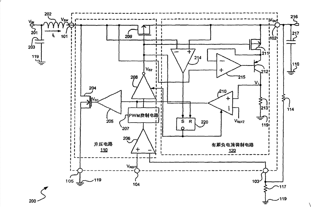 Synchronous voltage booster circuit with active negative current modulation and control method thereof