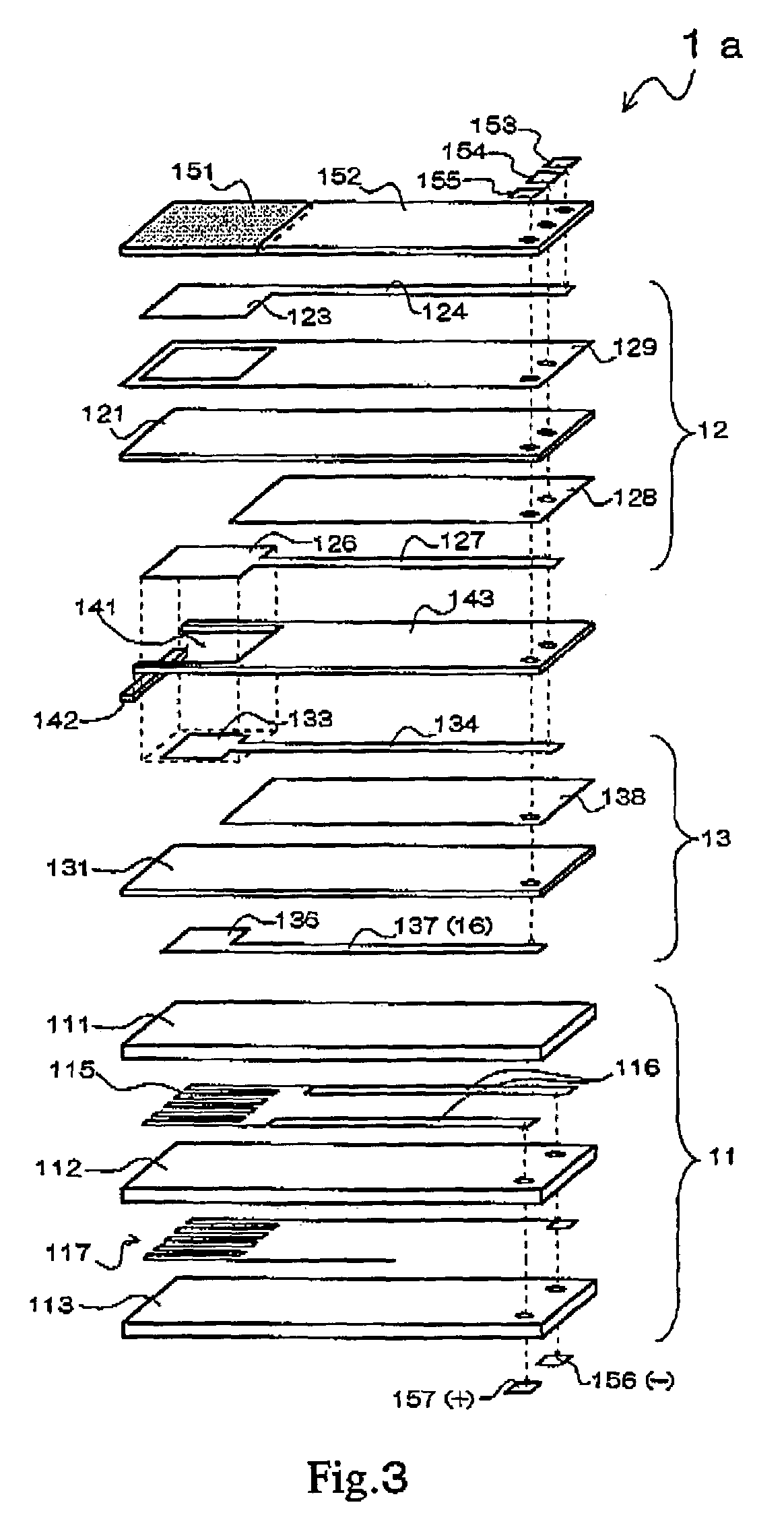 Gas sensor having a laminate comprising solid electrolyte layers and alumina substrate