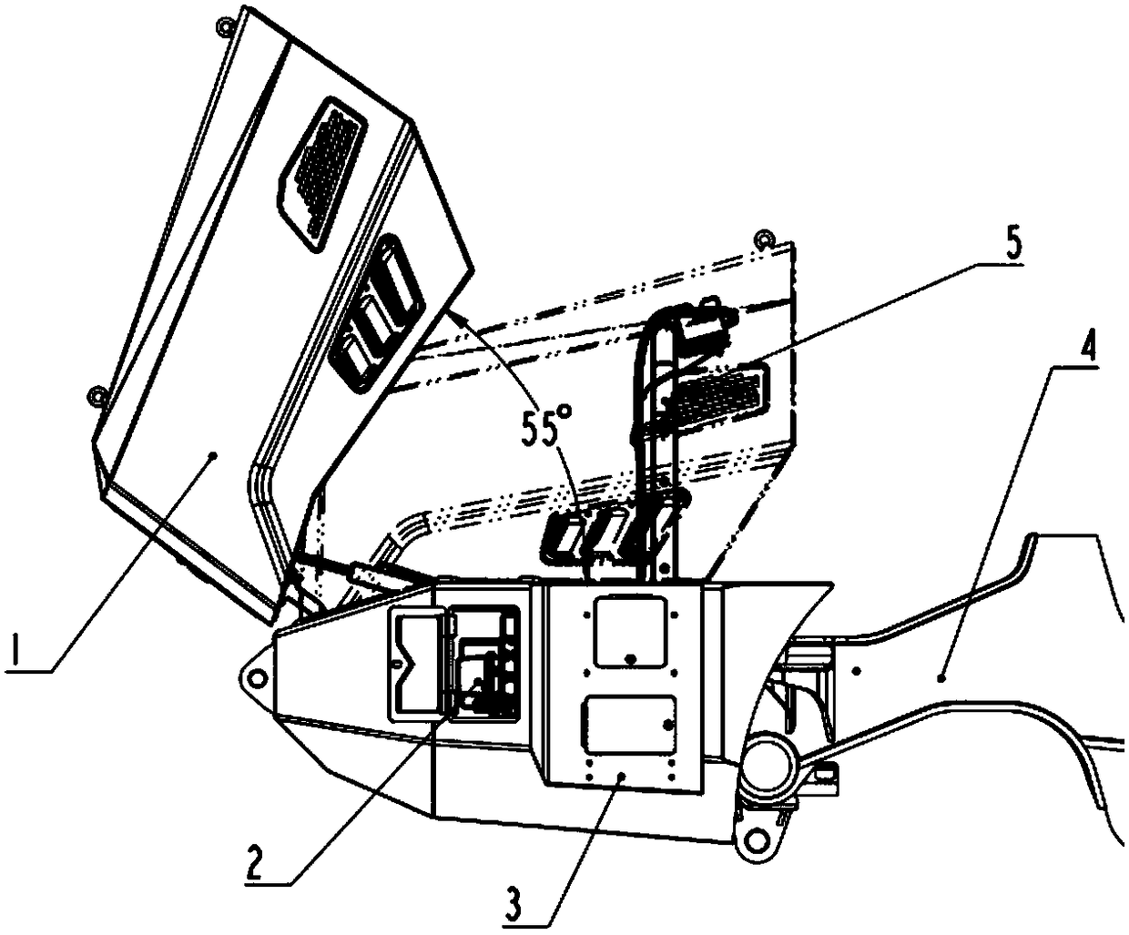 An articulated dump truck hood automatic opening and closing and locking system