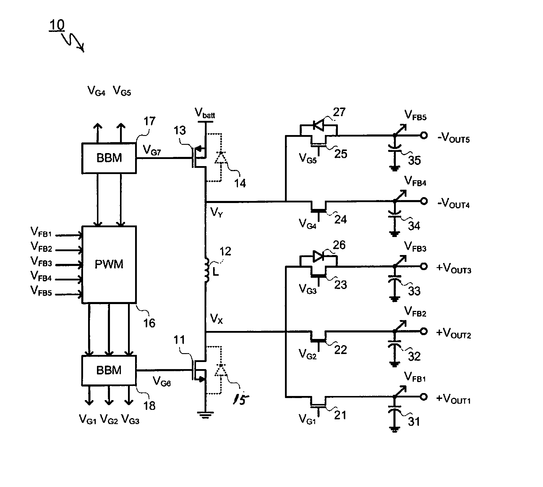 Multiple-output dual-polarity DC/DC converters and voltage regulators