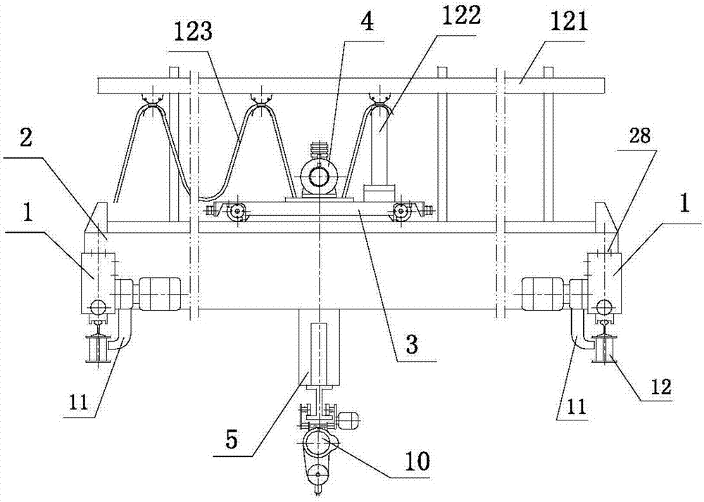 Crane with reaction wheel travelling trolley and cantilever beam capable of rotating by any angle