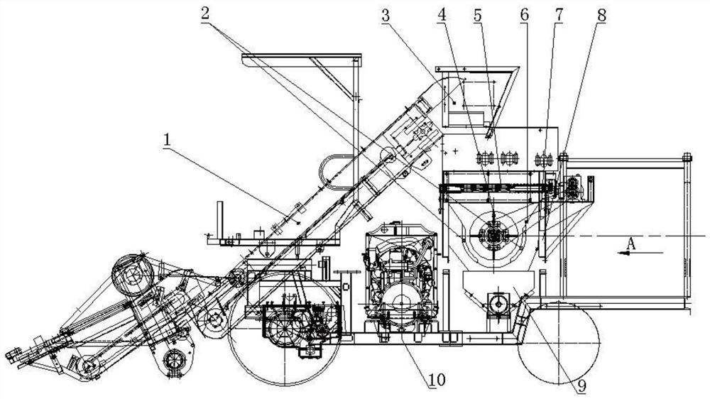 Peeling type corn combine harvester and subtending leaf and seed separating and collecting device thereof