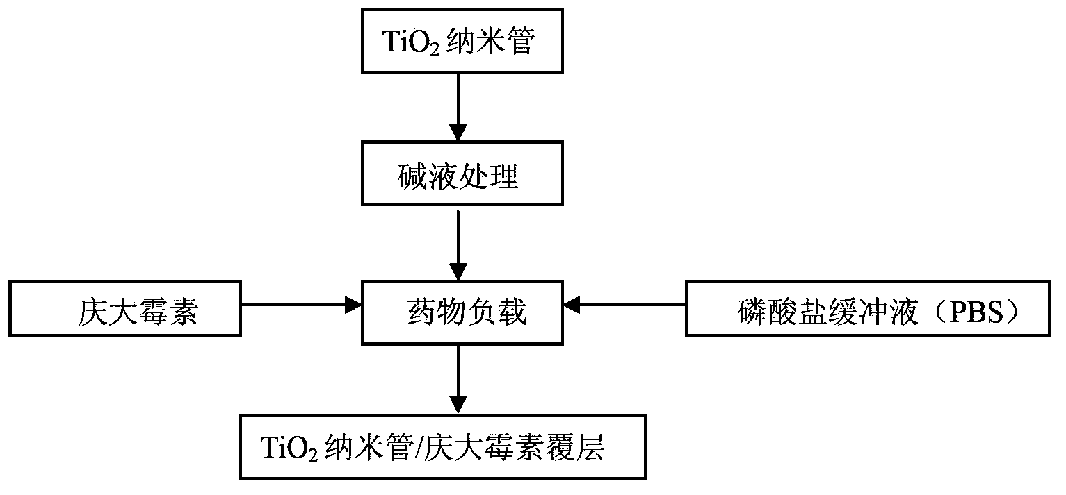 Method for loading gentamicin by using TiO2 nanotube coating in situ synthesized on Ti surface