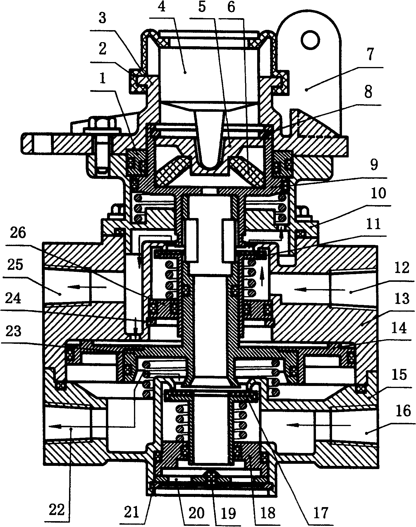 Two-stage electromagnetic booster braking general pump of three-inlet and multi-exit