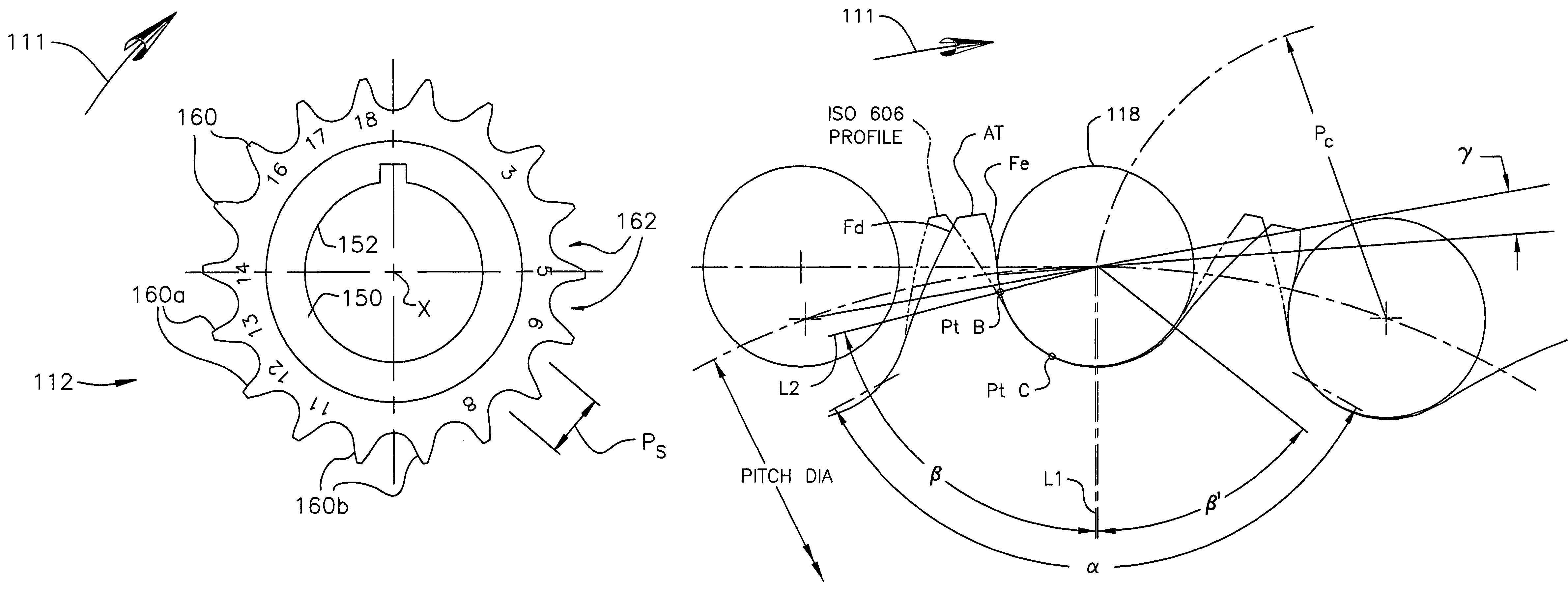 Random engagement roller chain sprocket and timing chain system including same