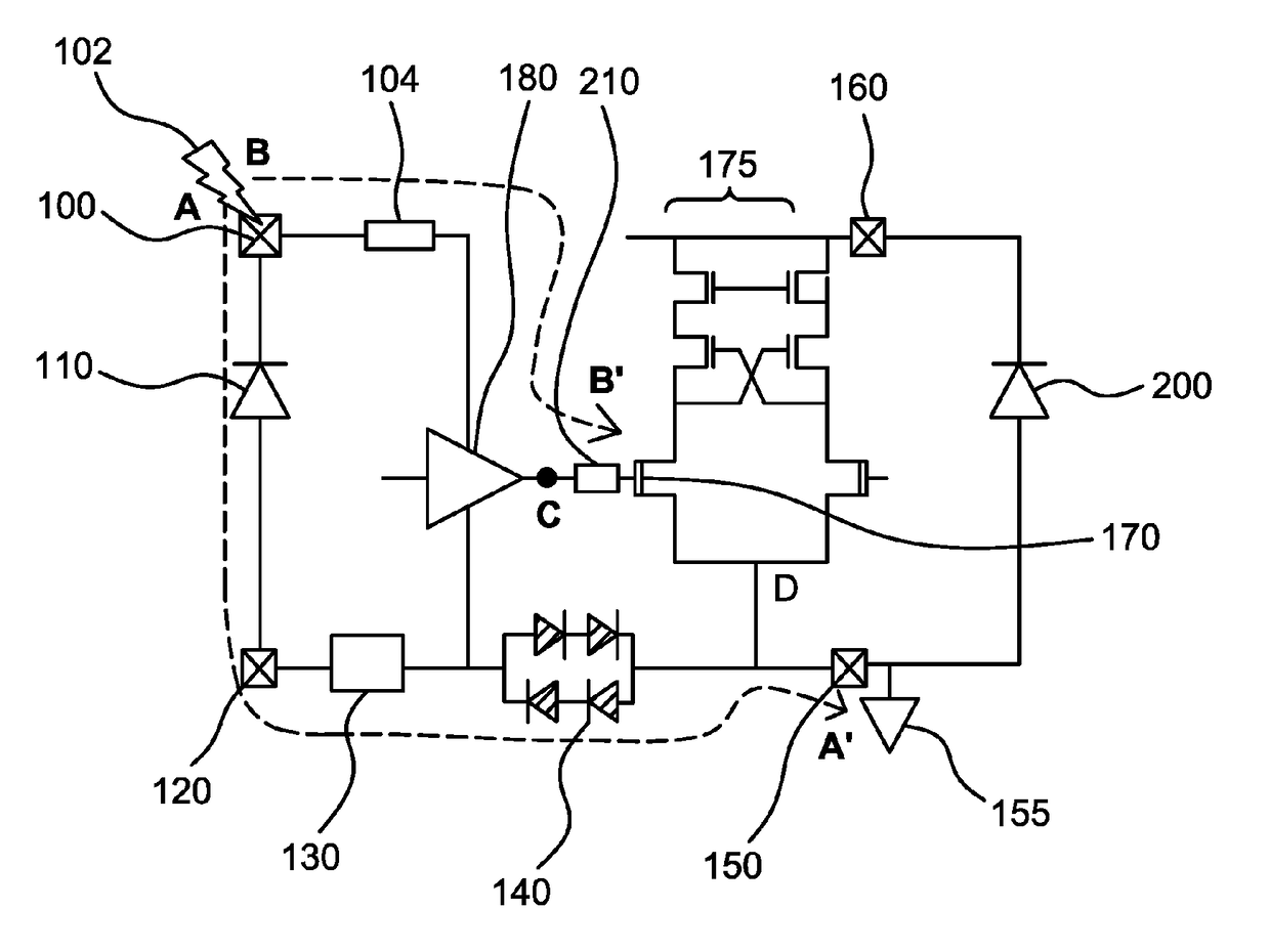 Semiconductor device in a level shifter with electrostatic discharge (ESD) protection circuit and semiconductor chip