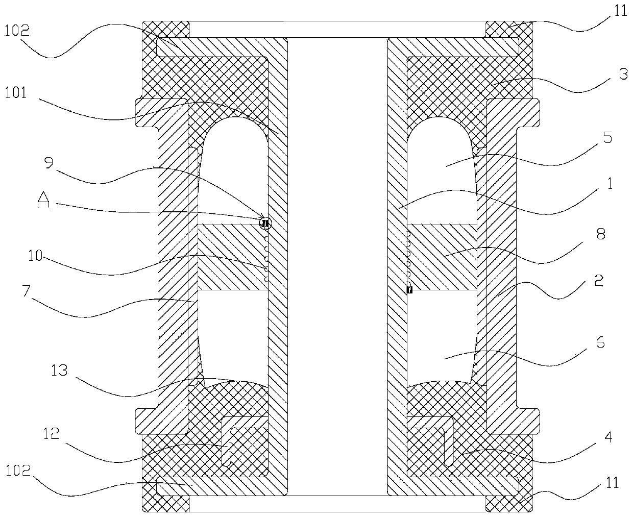 Axial variable-damping hydraulic bushing for automotive suspension