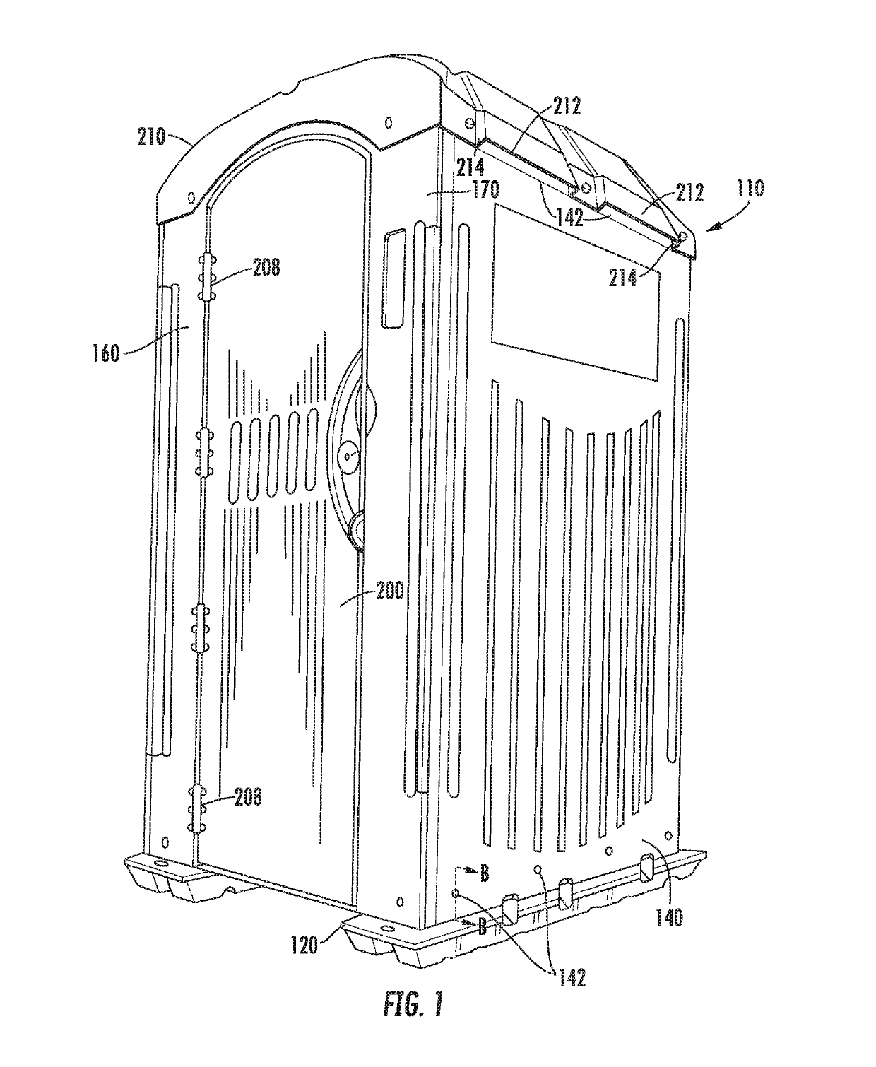 Portable restroom assembly with hands-free door opening system