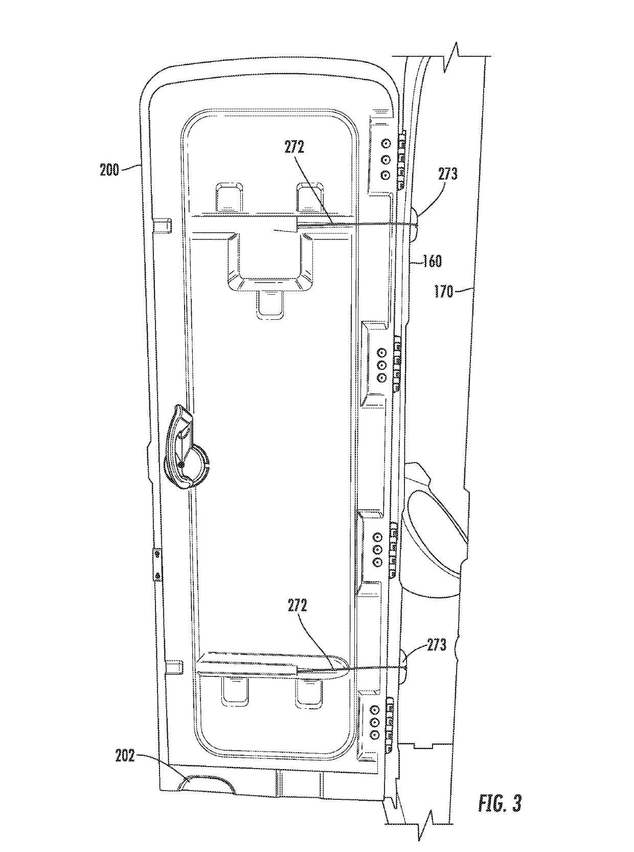 Portable restroom assembly with hands-free door opening system