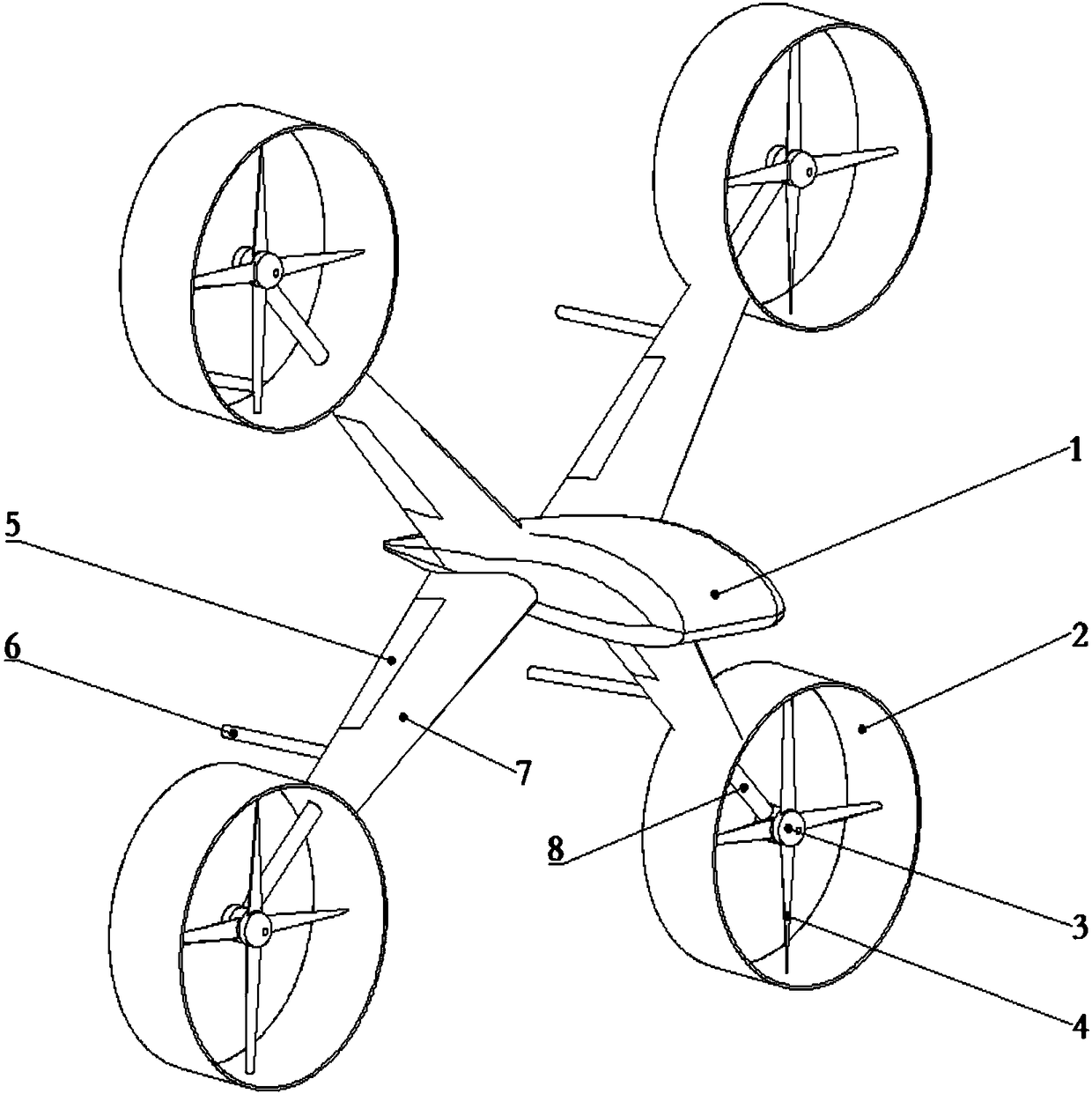 Four-ducted propeller powered fixed-wing unmanned aerial vehicle capable of achieving vertical take-off and landing