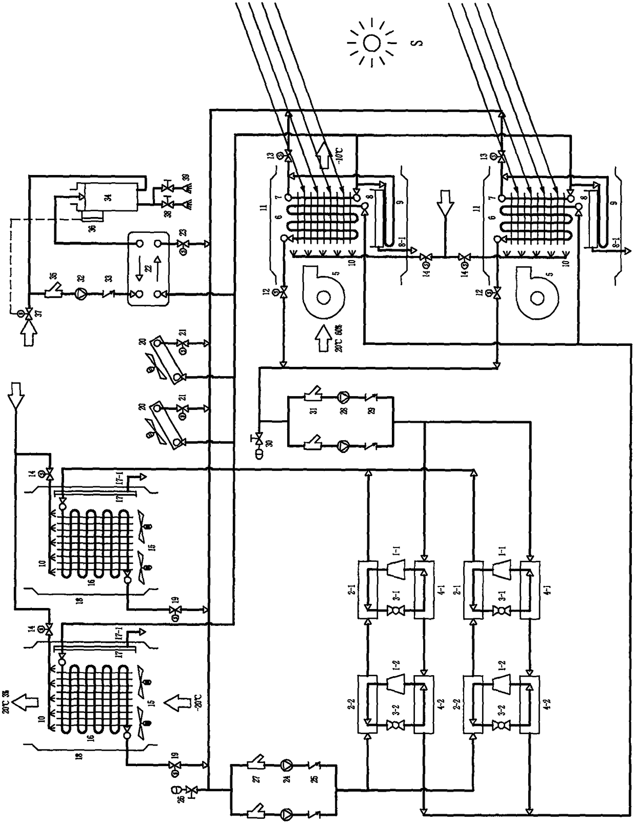 Antifreezing-agent multi-path large-temperature-rise heat-extracting air-exhausting vapor-source cascading heat pump