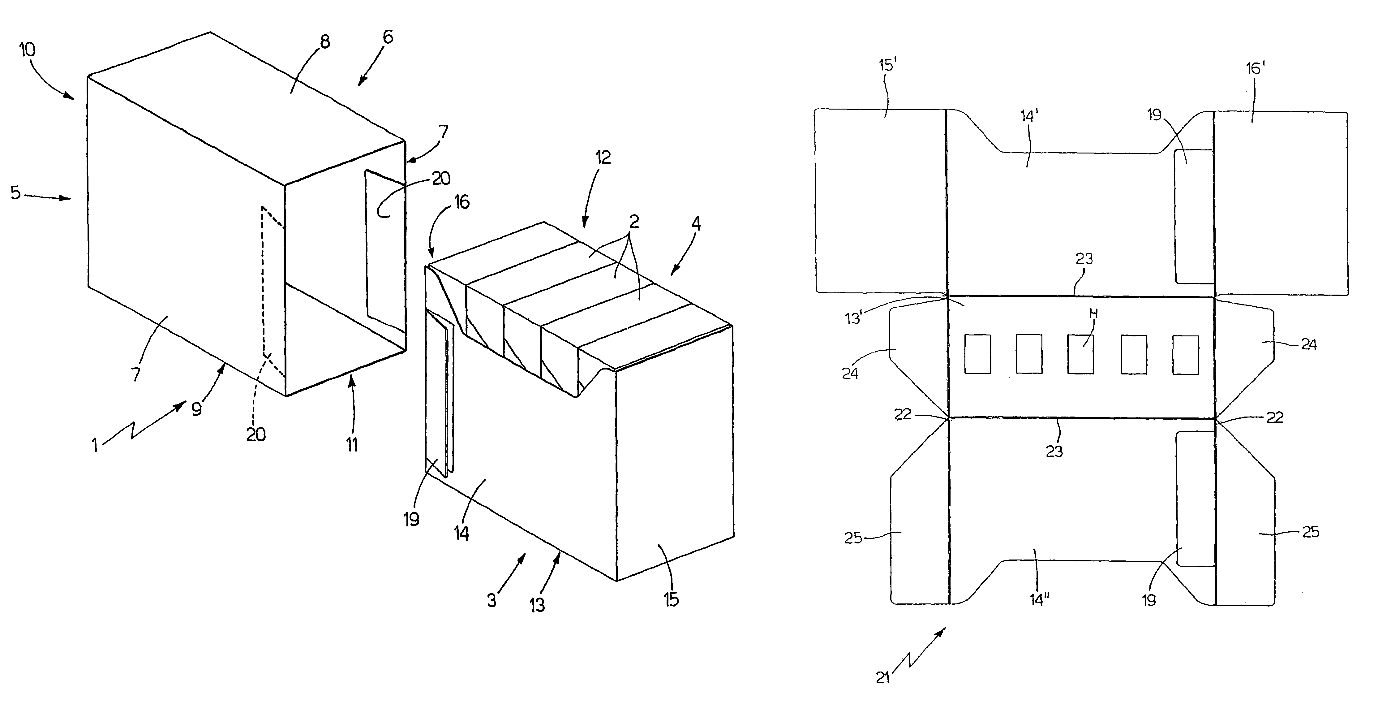 Rigid carton of packets of cigarettes including finger hole