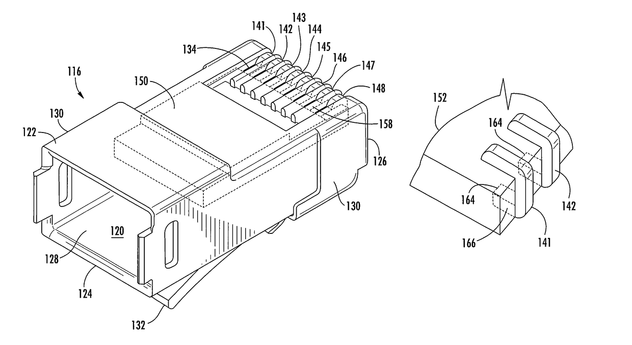 RJ-45 communication plug with plug blades received in apertures in a front edge of a printed circuit board