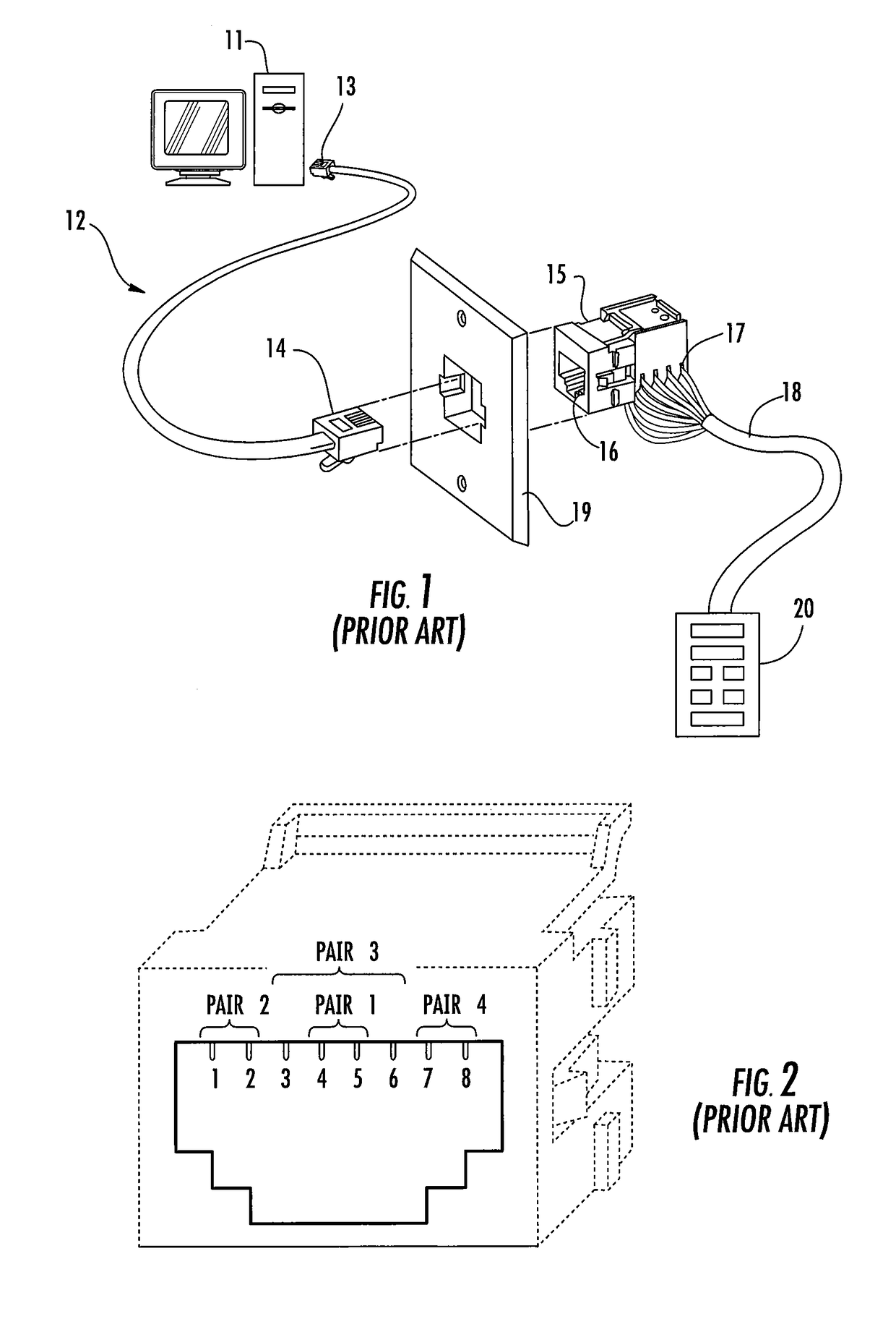 RJ-45 communication plug with plug blades received in apertures in a front edge of a printed circuit board