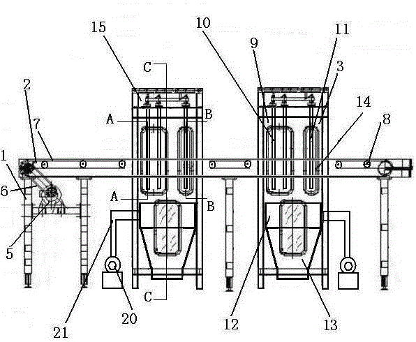 Sand blasting derusting device for reinforcing steel bar