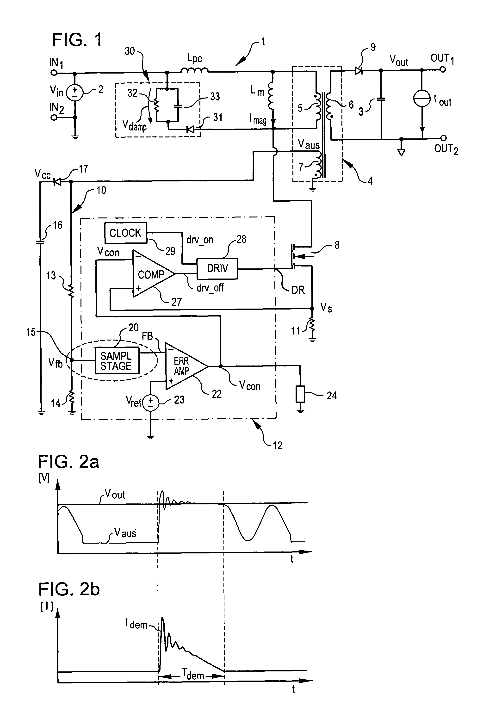 Isolated voltage converter with feedback on the primary winding and passive snubber network, and corresponding control method