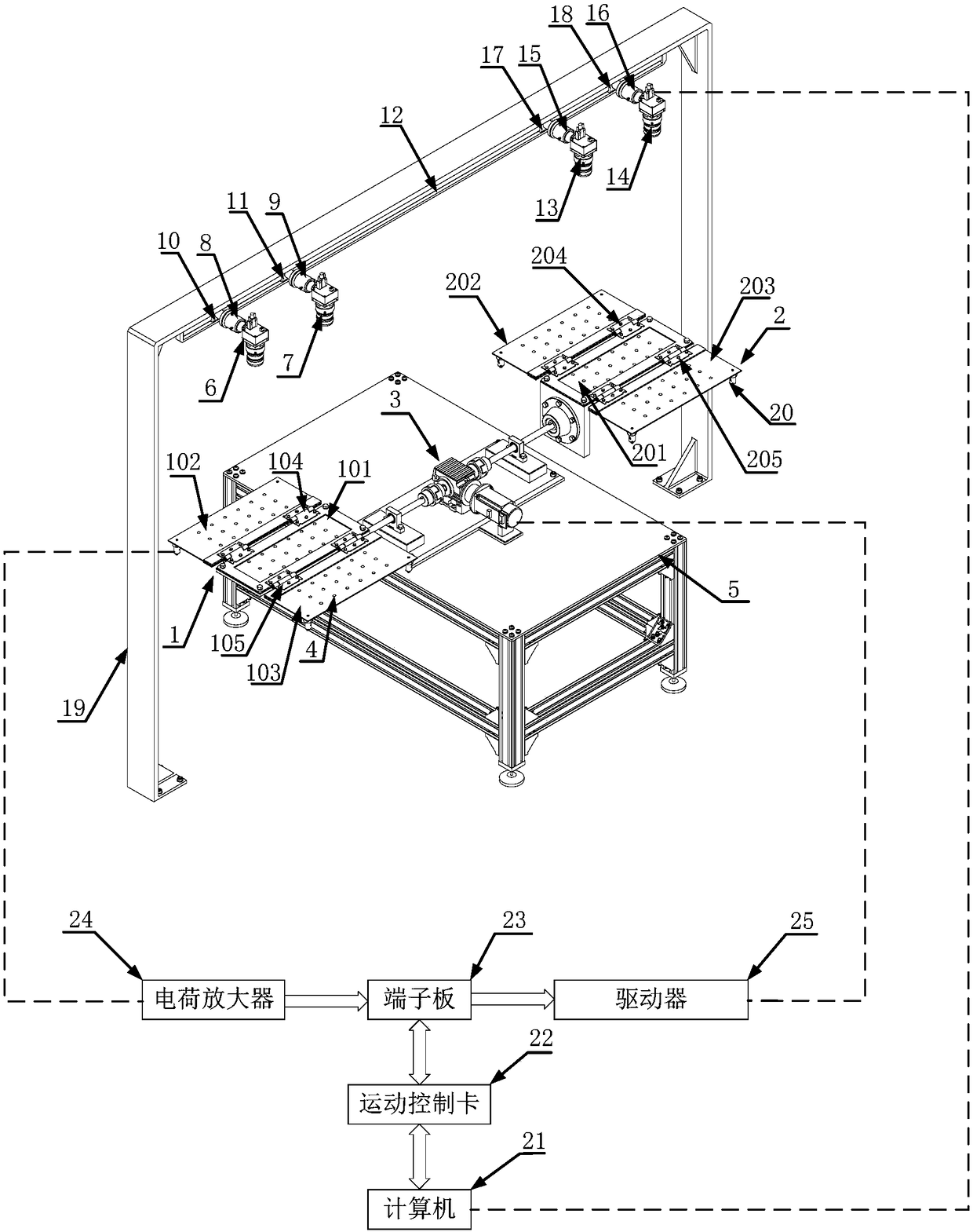 Multi-flexible-hinged-plate rotating vibration detection device and method