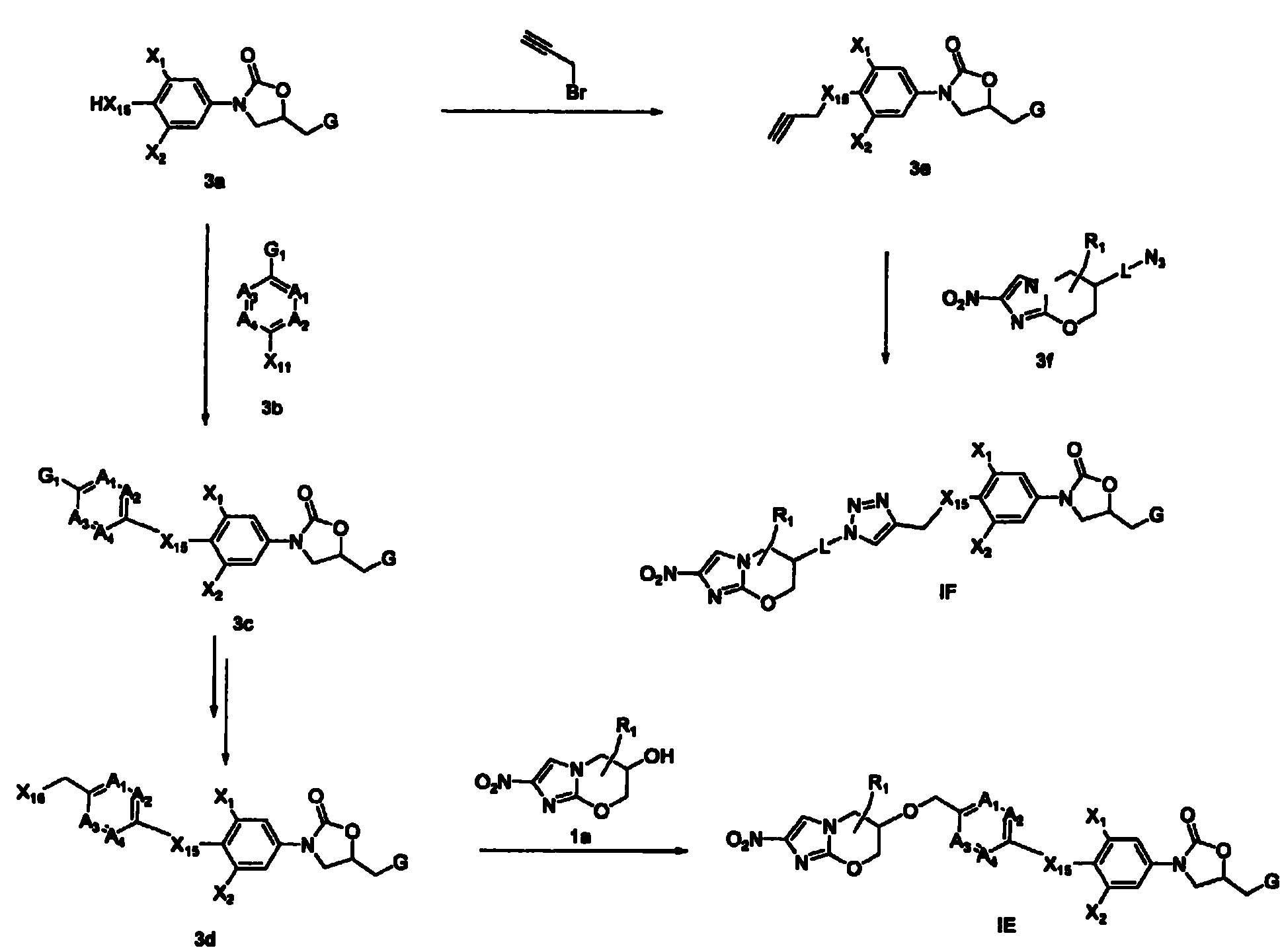 Bicyclic nitroimidazoles covalently linked to substituted phenyl oxazolidinones