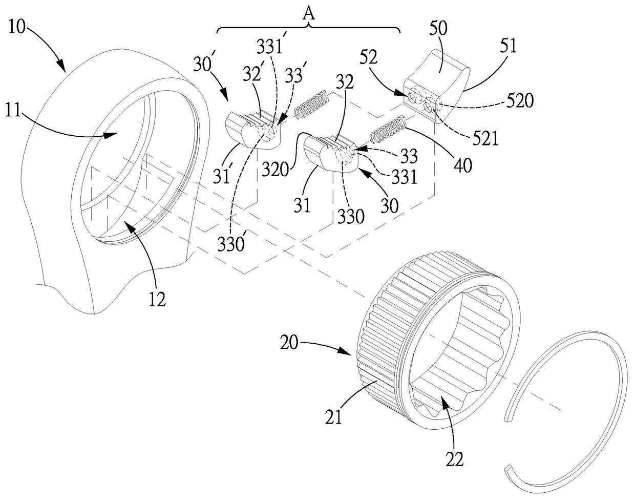 One-way wrench having a catching device with two catches and a catch holder and having differential teeth